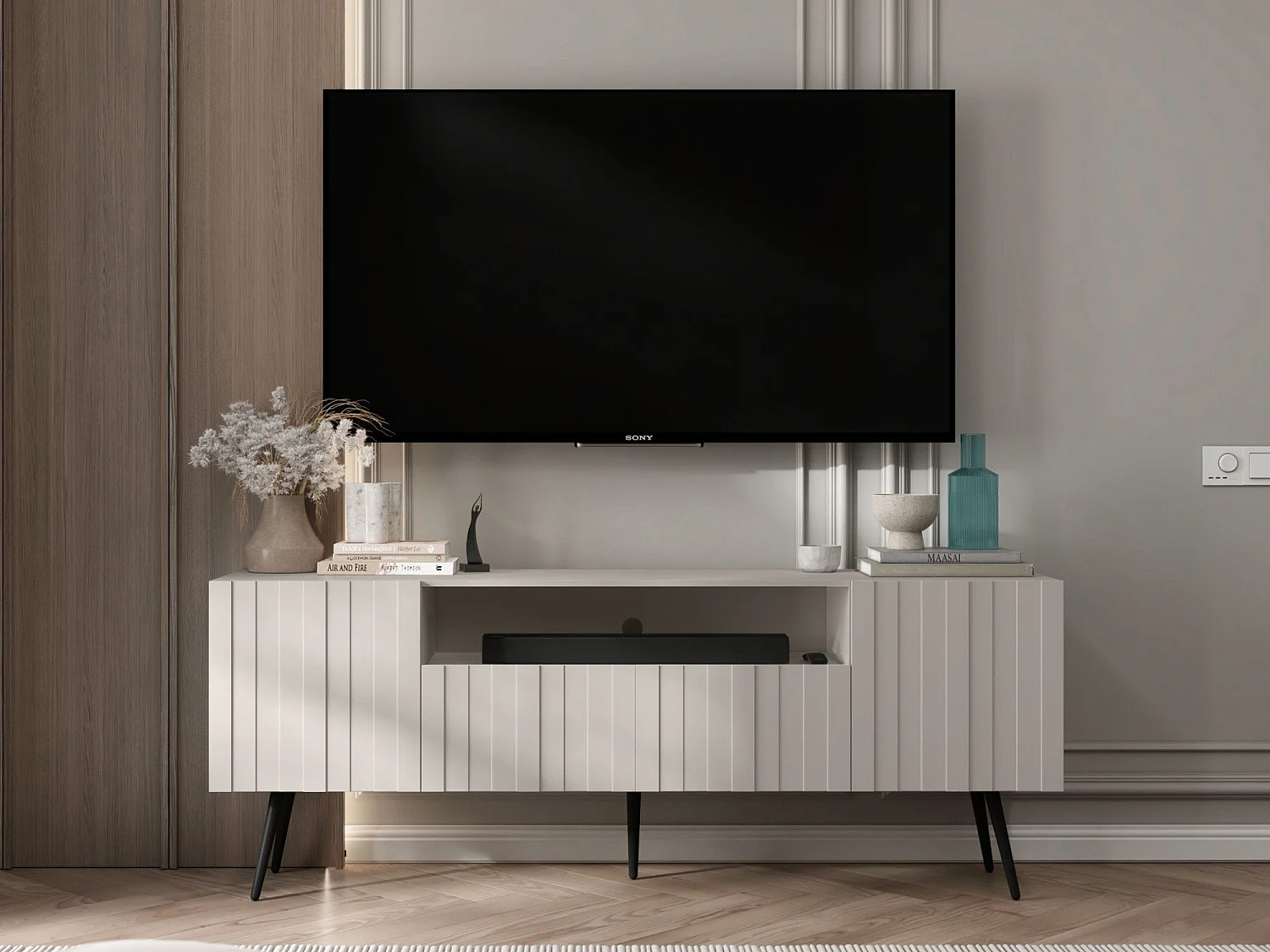 TV-Lowboard mit 3 Türen, offenes Fach, Fronten mit Reliefstruktur, Beige matt, schwarze Metallfüße, 150 cm - ELPIS