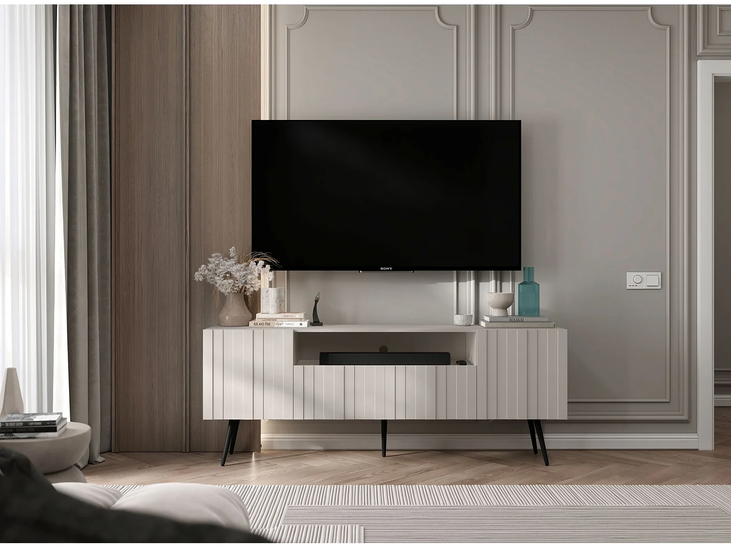 TV-Lowboard mit 3 Türen, offenes Fach, Fronten mit Reliefstruktur, Beige matt, schwarze Metallfüße, 150 cm - ELPIS
