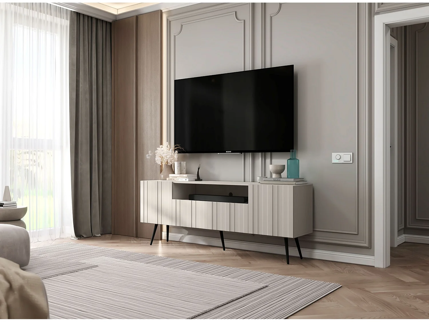 TV-Lowboard mit 3 Türen, offenes Fach, Fronten mit Reliefstruktur, Beige matt, schwarze Metallfüße, 150 cm - ELPIS