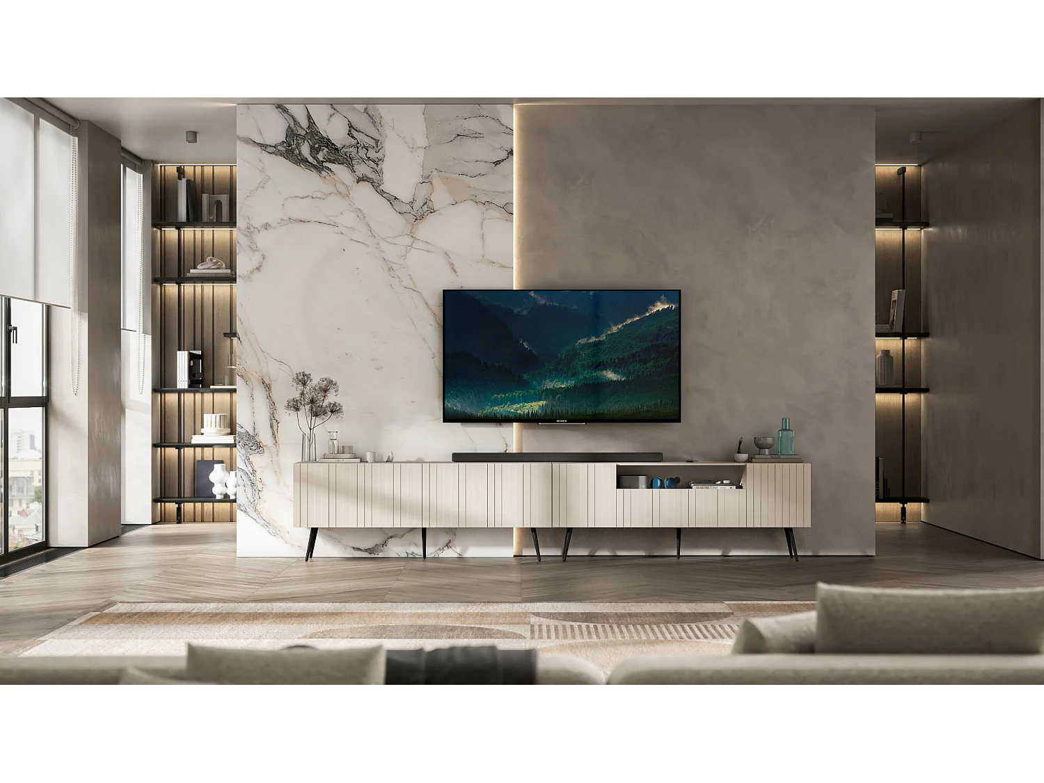 TV-Lowboard mit 3 Türen, offenes Fach, Fronten mit Reliefstruktur, Beige matt, schwarze Metallfüße, 150 cm - ELPIS
