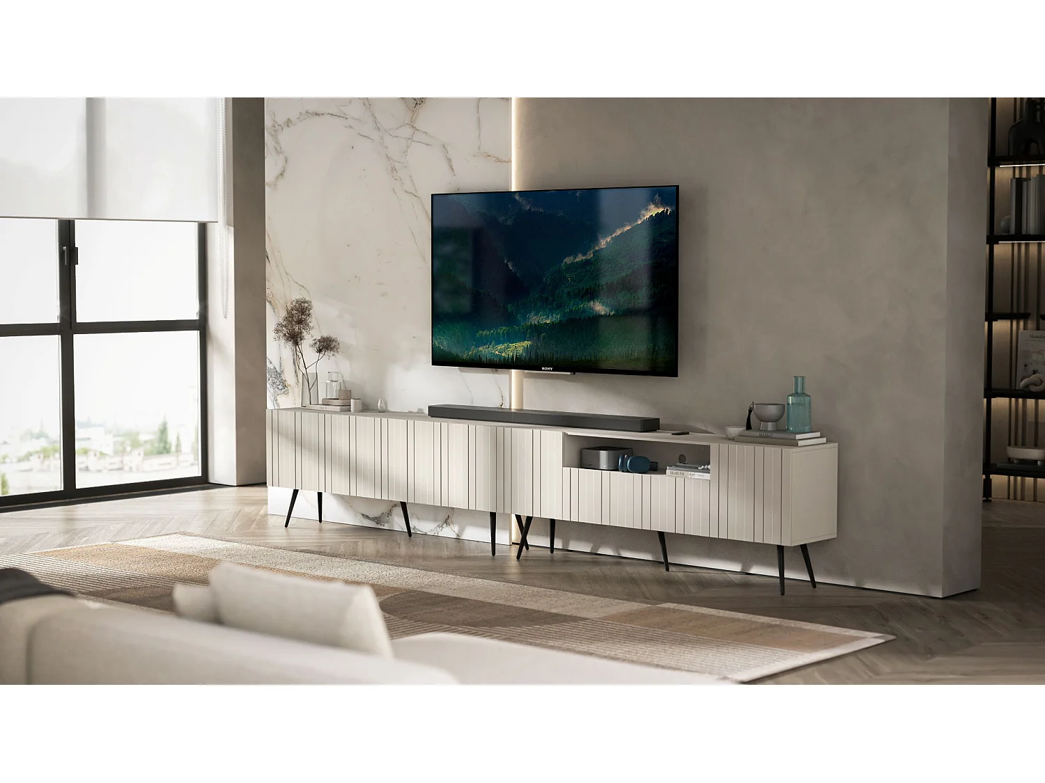 TV-Lowboard mit 3 Türen, offenes Fach, Fronten mit Reliefstruktur, Beige matt, schwarze Metallfüße, 150 cm - ELPIS