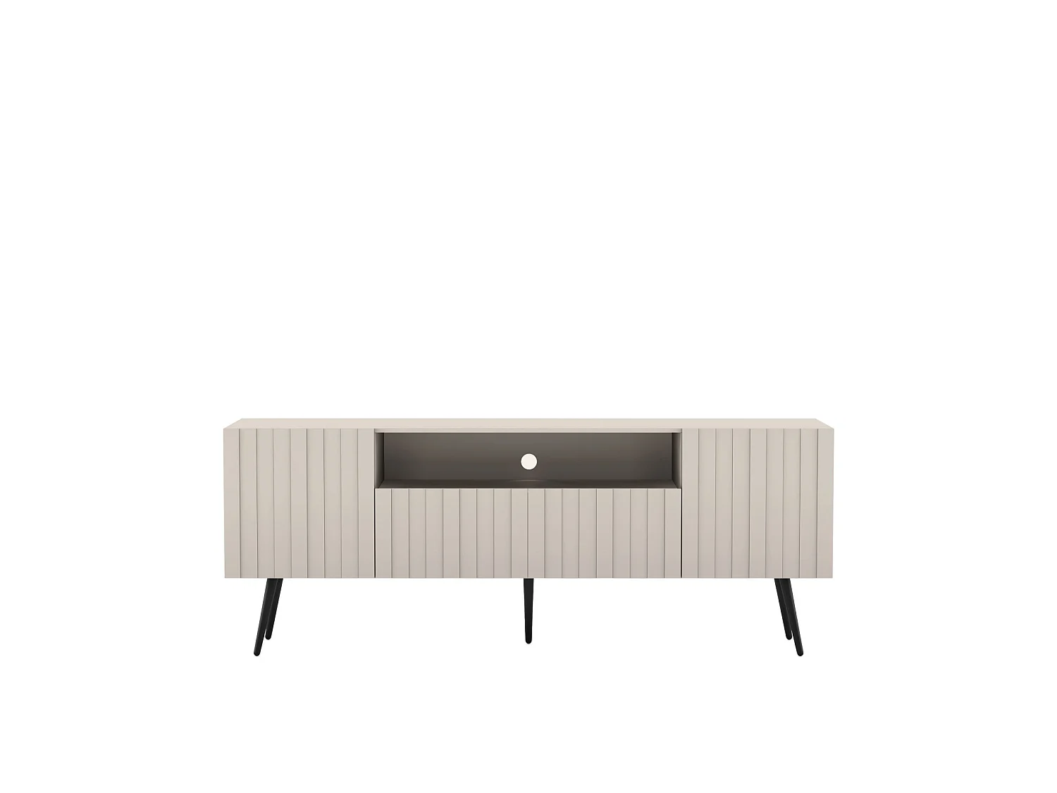 TV-Lowboard mit 3 Türen, offenes Fach, Fronten mit Reliefstruktur, Beige matt, schwarze Metallfüße, 150 cm - ELPIS