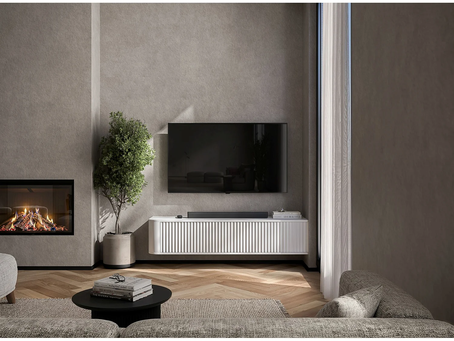 Wisząca szafka RTV 2-drzwiowa, fronty z reliefem, biały mat, 140 cm - AURORA