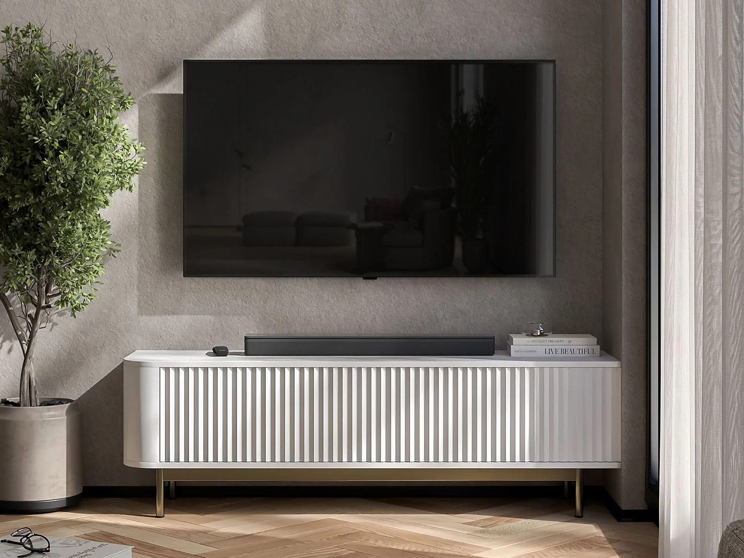 Meuble TV 2 portes, façades en relief, blanc mat, pieds métal doré, 140 cm - AURORA