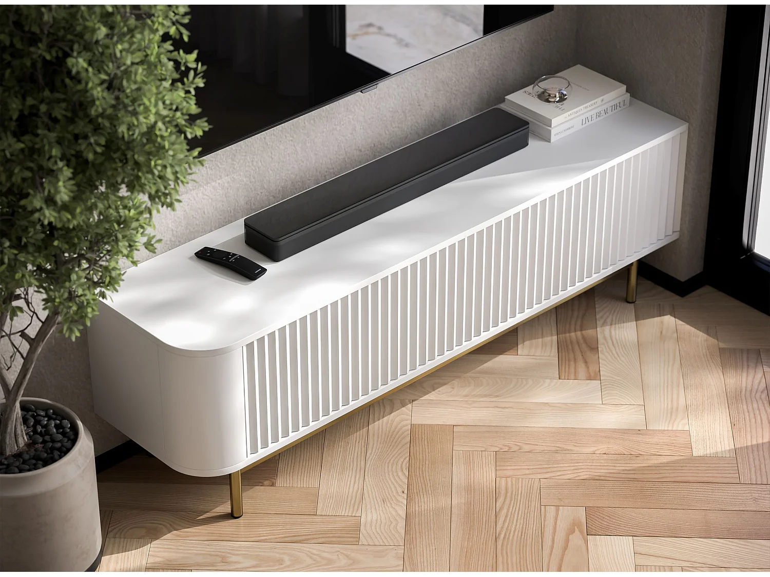 Meuble TV 2 portes, façades en relief, blanc mat, pieds métal doré, 140 cm - AURORA