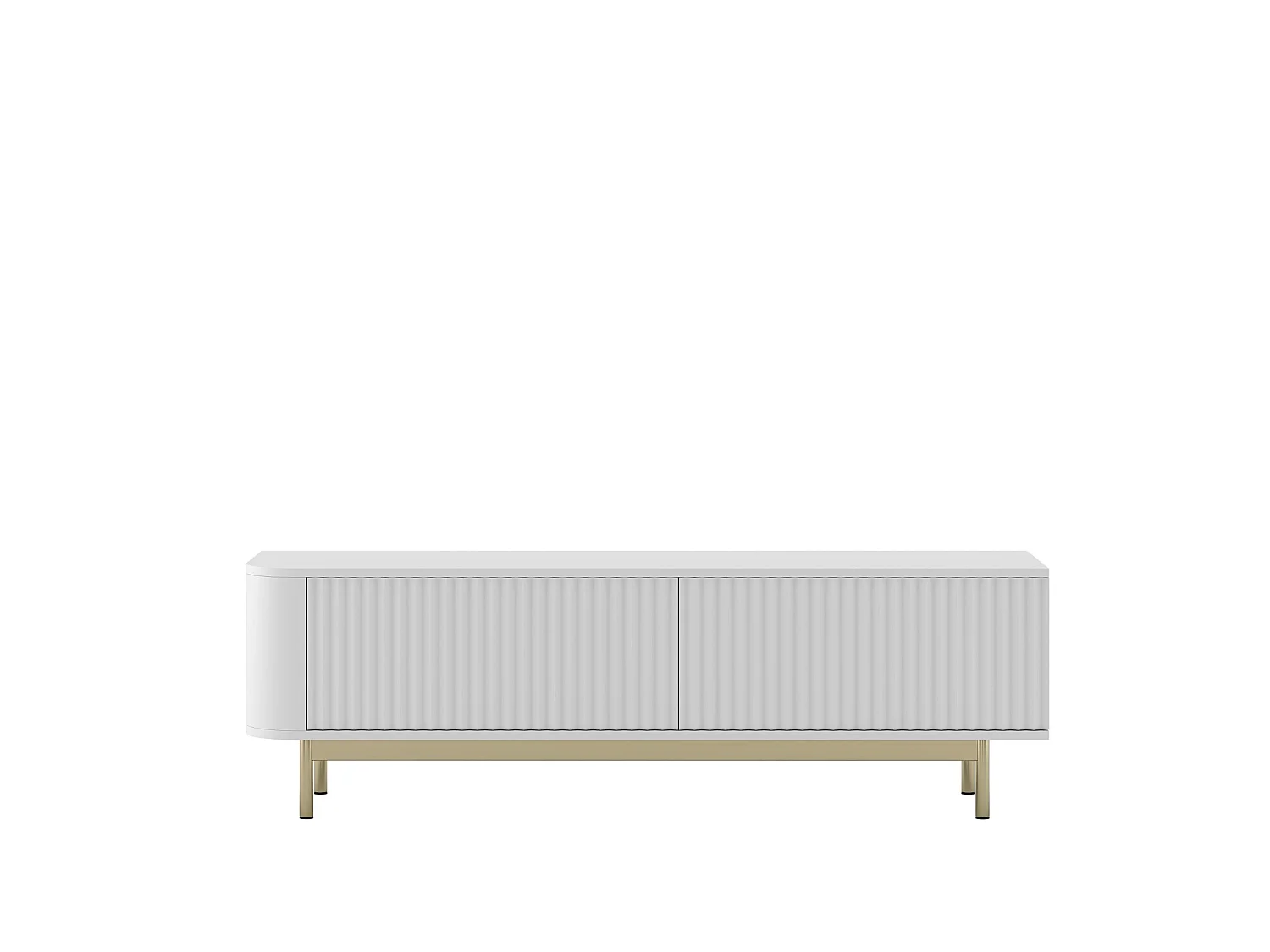 Meuble TV 2 portes, façades en relief, blanc mat, pieds métal doré, 140 cm - AURORA