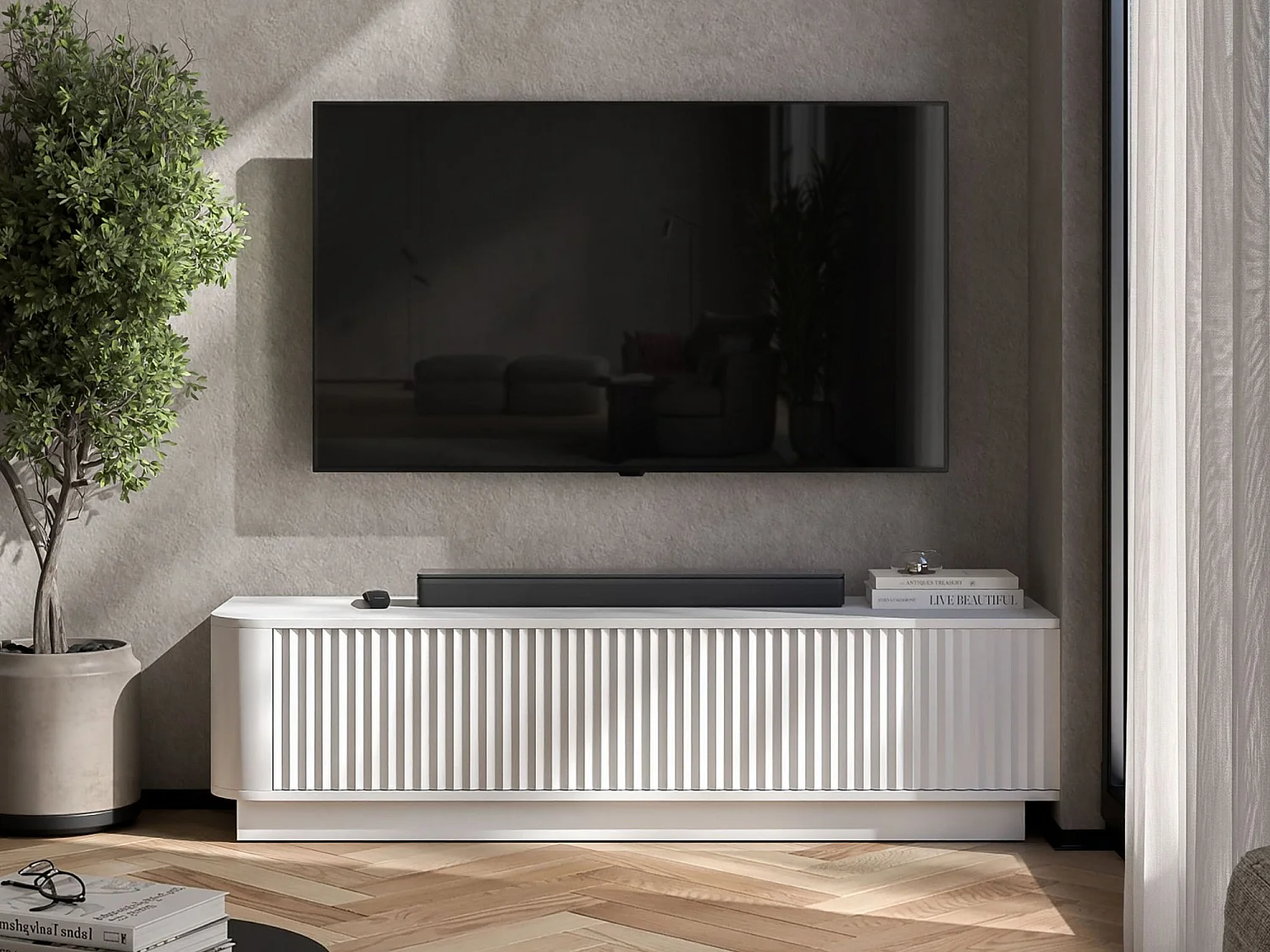 Meuble TV 2 portes, façades en relief, blanc mat, sur socle, 140 cm - AURORA