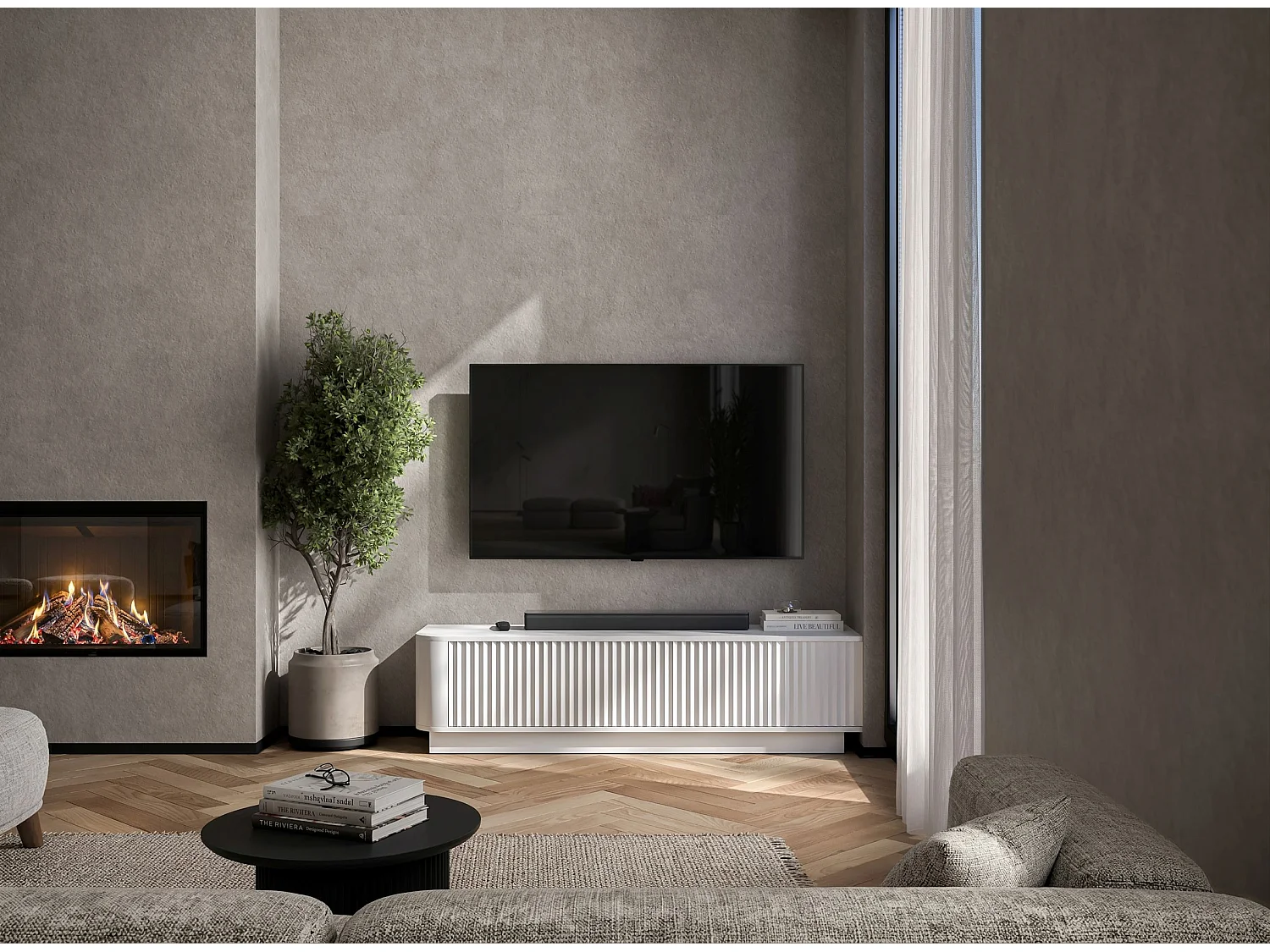 Meuble TV 2 portes, façades en relief, blanc mat, sur socle, 140 cm - AURORA