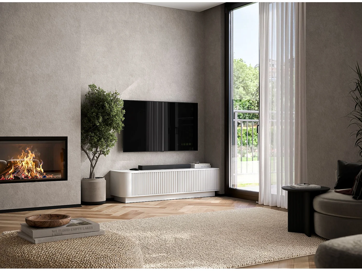 Meuble TV 2 portes, façades en relief, blanc mat, sur socle, 140 cm - AURORA