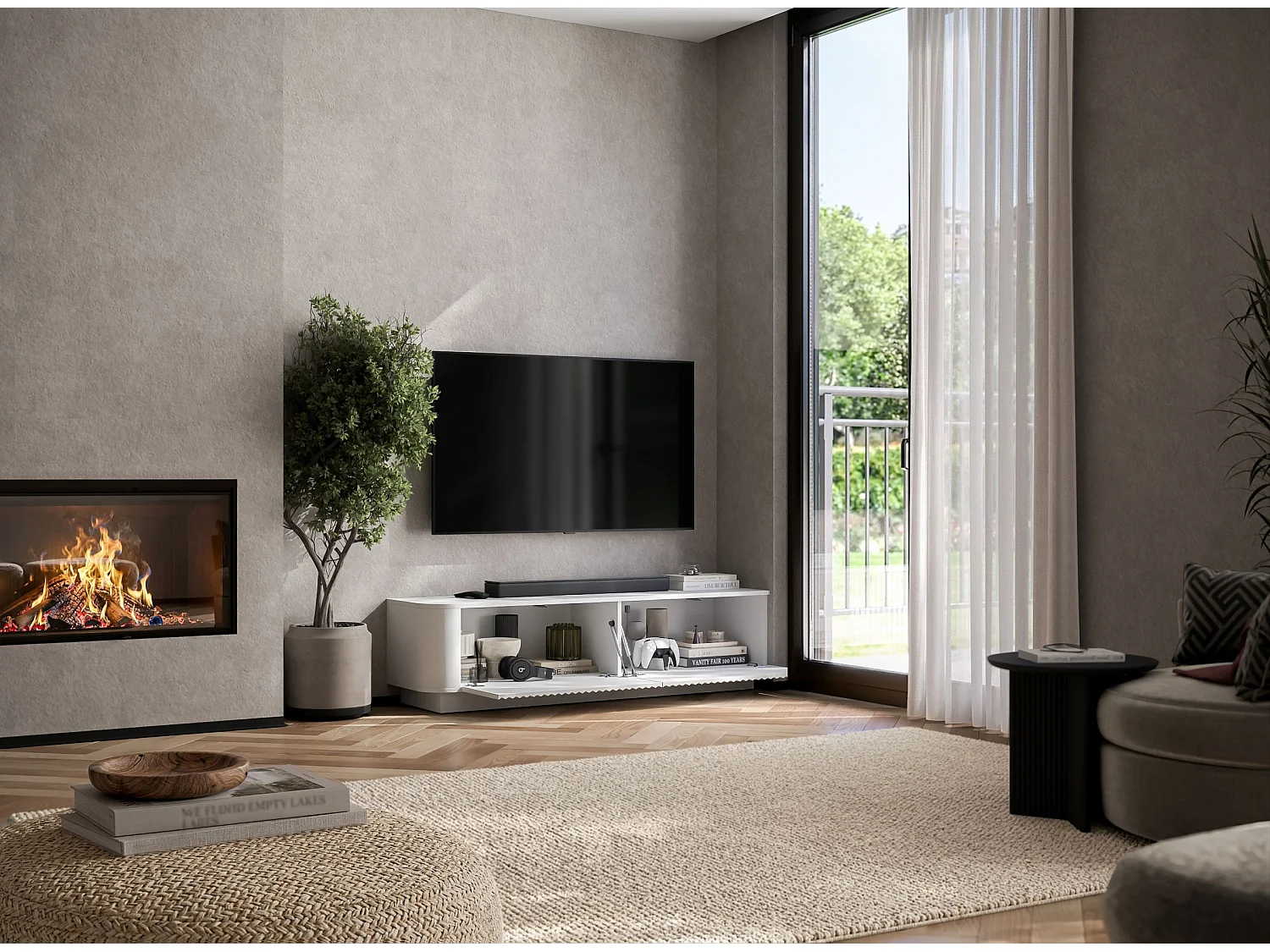 Meuble TV 2 portes, façades en relief, blanc mat, sur socle, 140 cm - AURORA