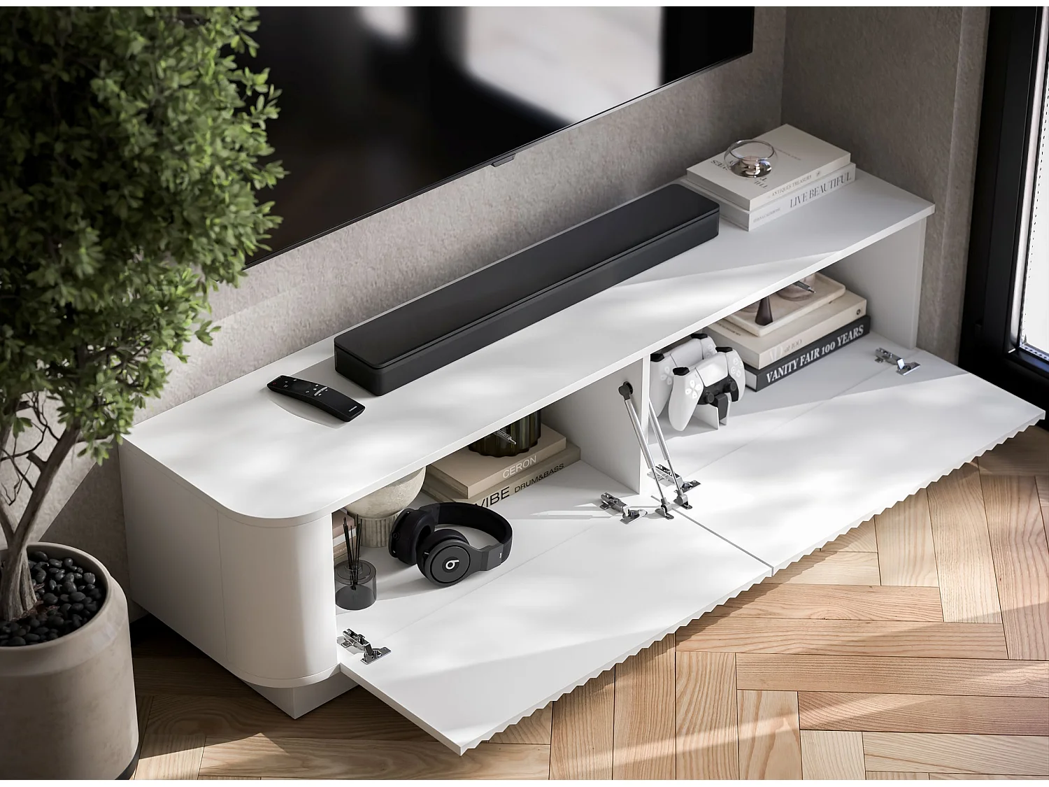 Meuble TV 2 portes, façades en relief, blanc mat, sur socle, 140 cm - AURORA