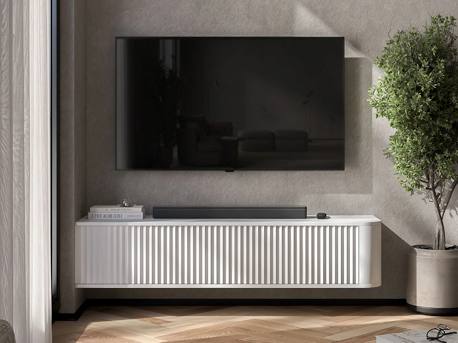 Wisząca szafka RTV 2-drzwiowa, fronty z reliefem, biały mat, 140 cm - AURORA