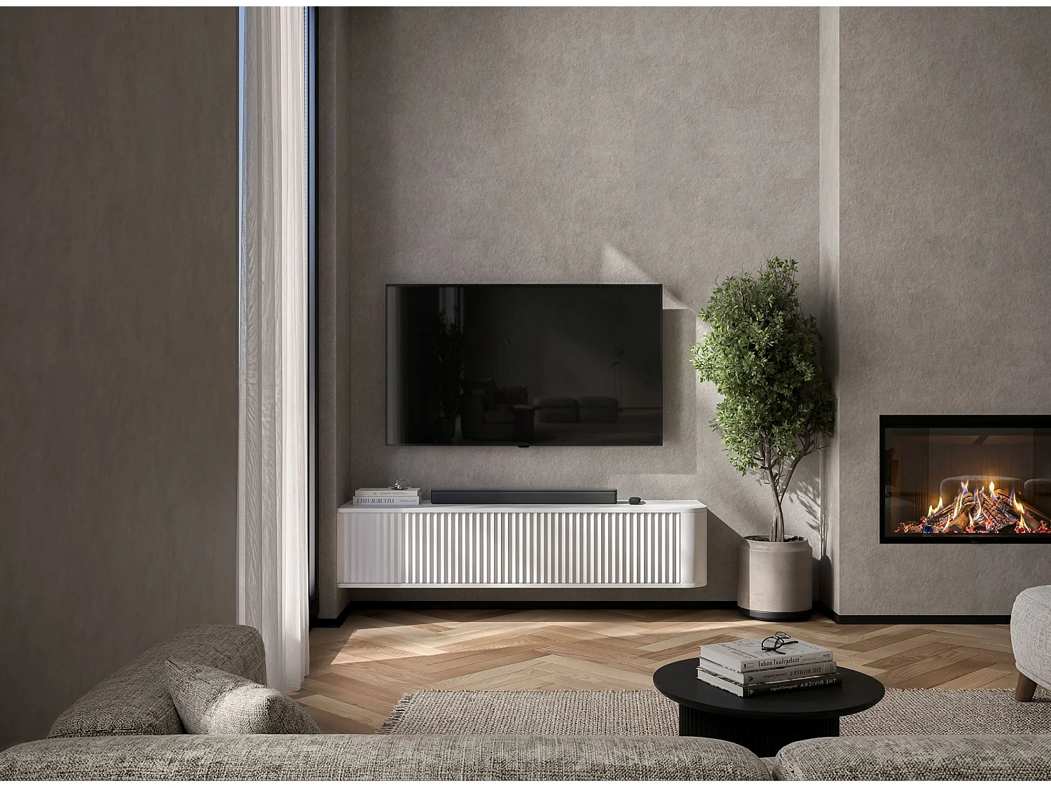 Wisząca szafka RTV 2-drzwiowa, fronty z reliefem, biały mat, 140 cm - AURORA