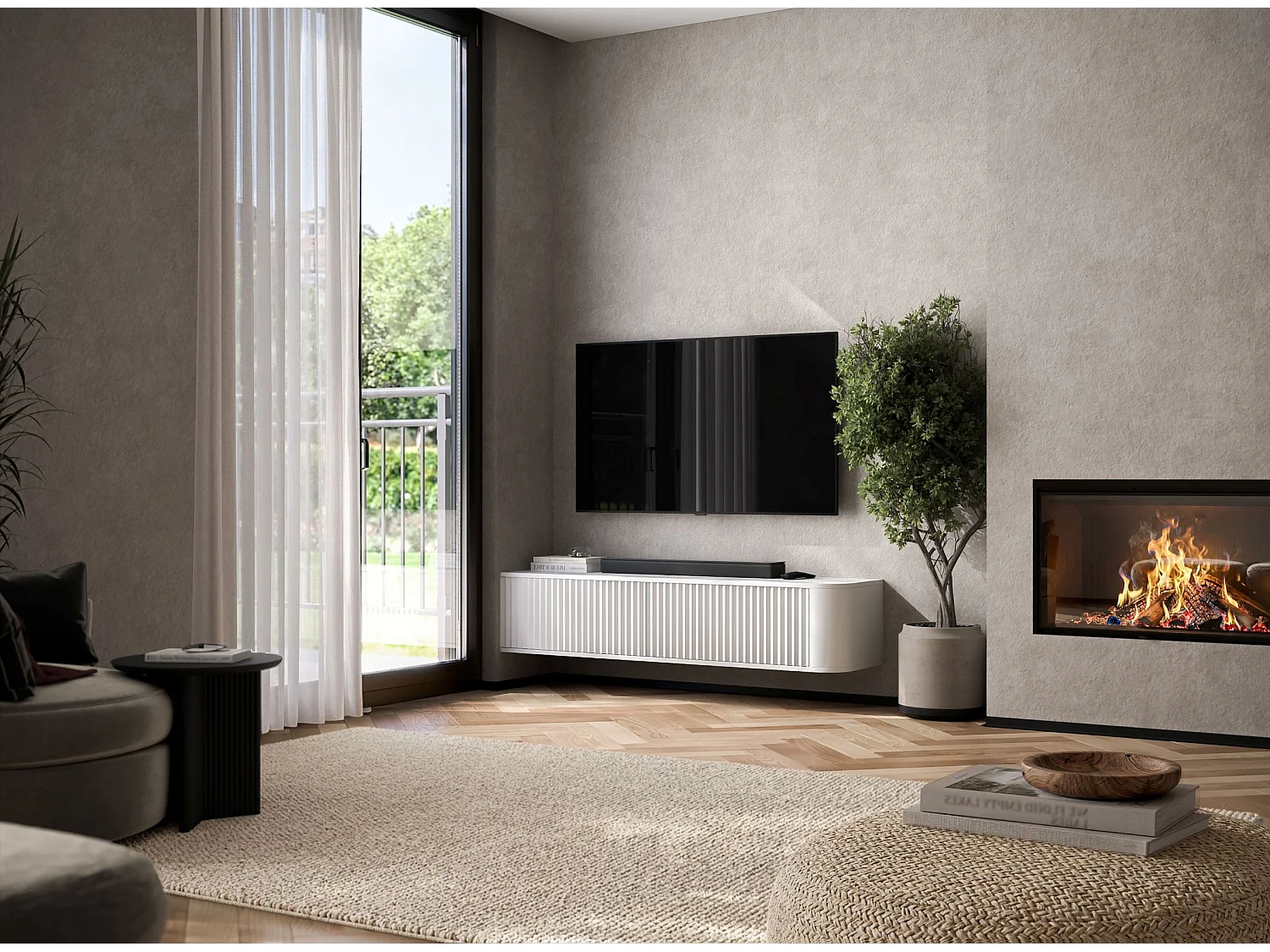 Wisząca szafka RTV 2-drzwiowa, fronty z reliefem, biały mat, 140 cm - AURORA