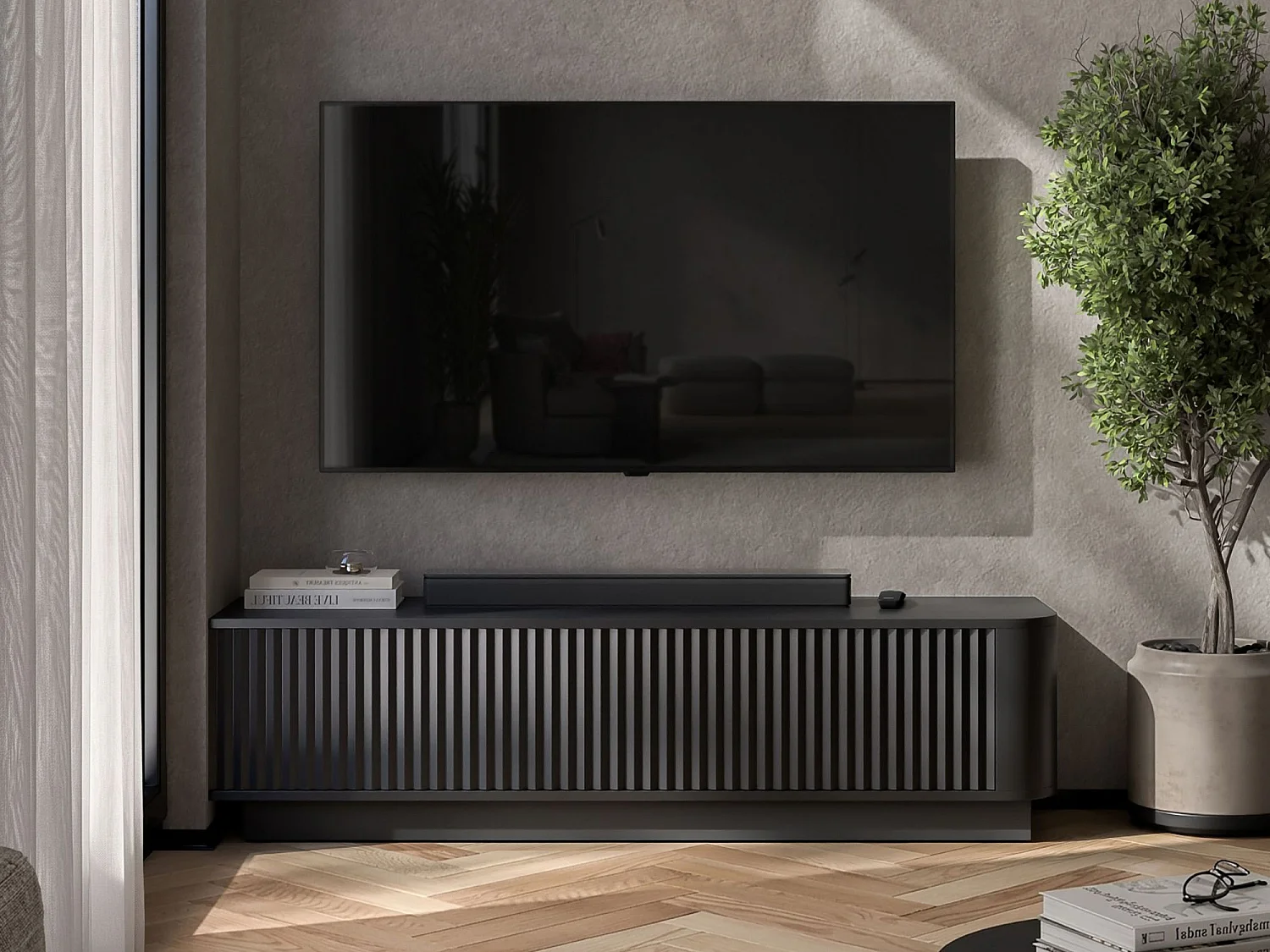Mobile TV con 2 ante, frontali in rilievo, nero opaco, su zoccolo, 140 cm - AURORA