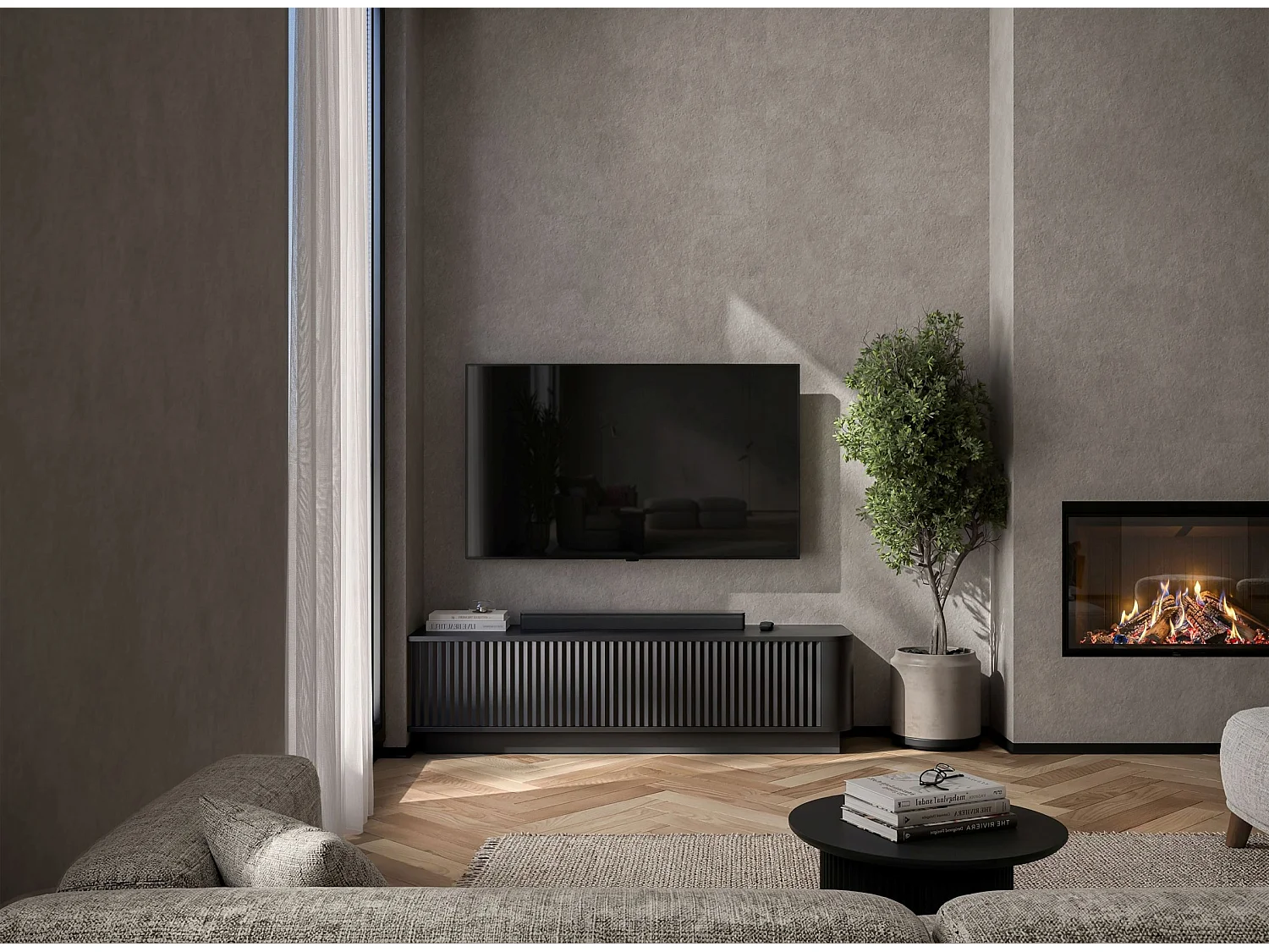 Mobile TV con 2 ante, frontali in rilievo, nero opaco, su zoccolo, 140 cm - AURORA