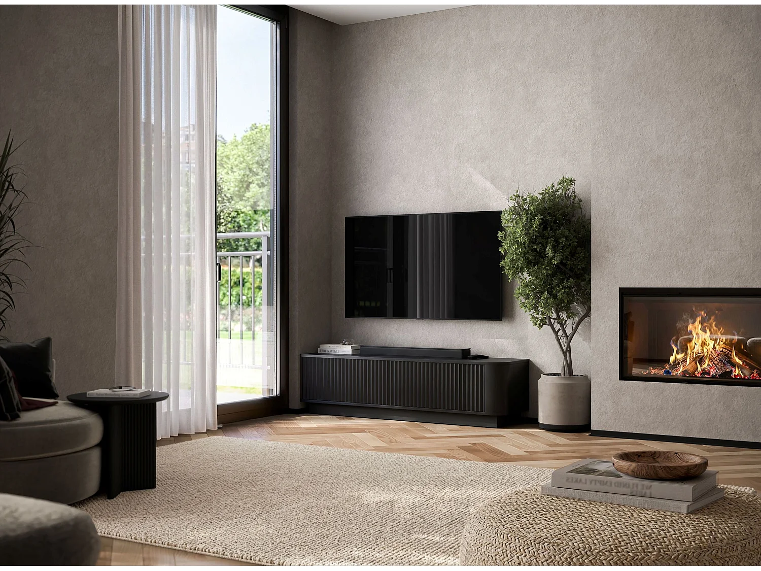 Mobile TV con 2 ante, frontali in rilievo, nero opaco, su zoccolo, 140 cm - AURORA