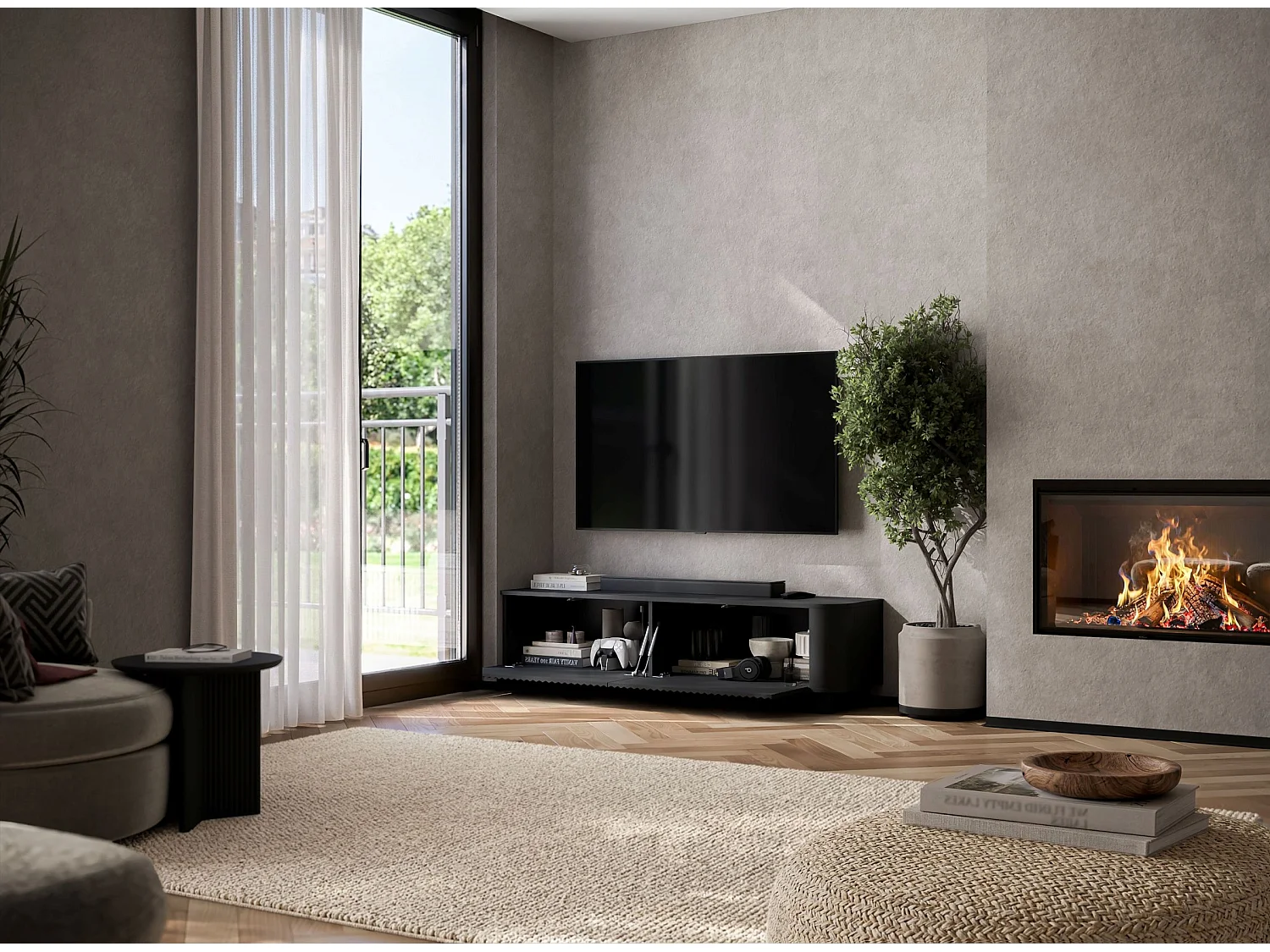 Mobile TV con 2 ante, frontali in rilievo, nero opaco, su zoccolo, 140 cm - AURORA