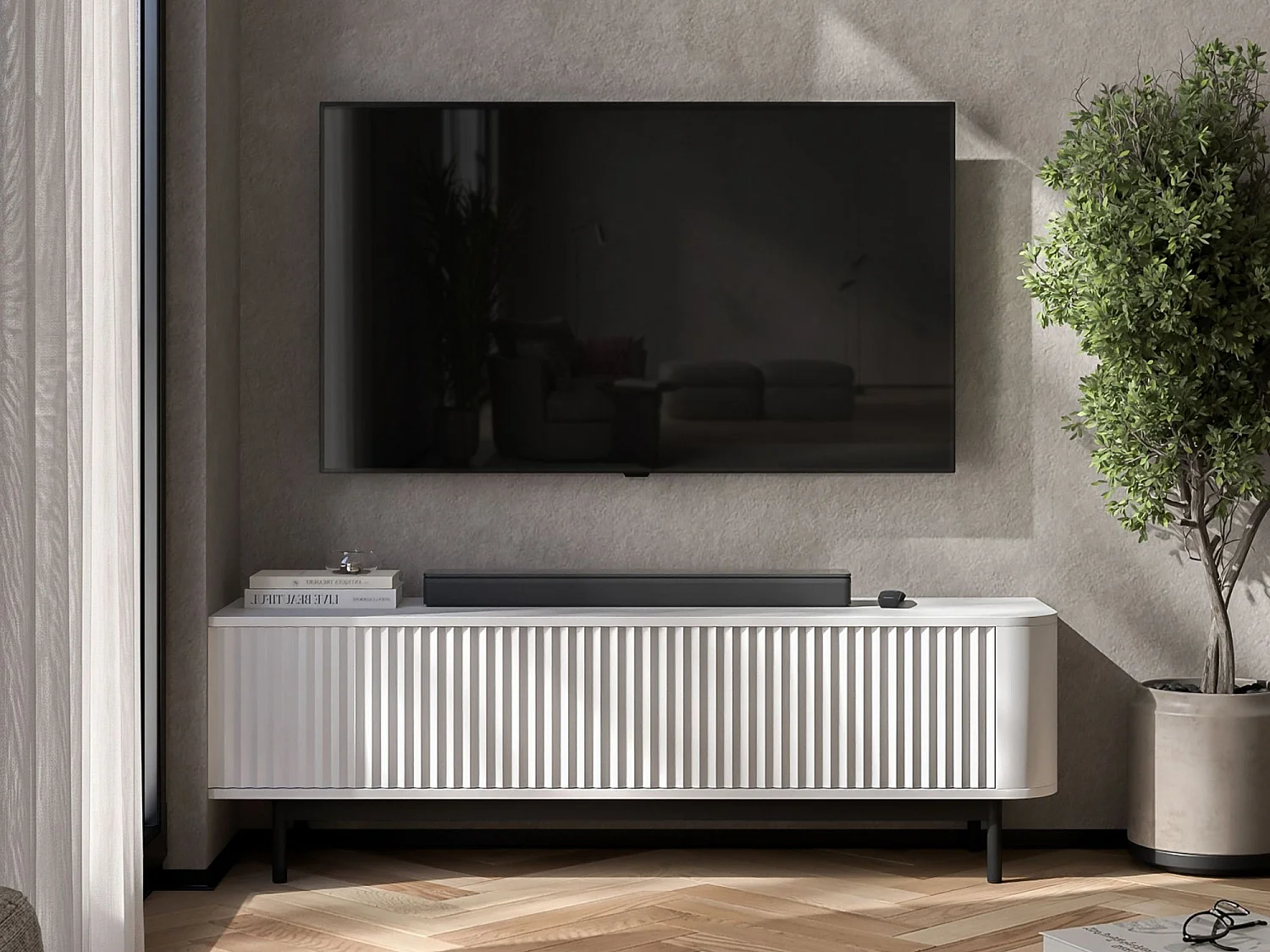Meuble TV 2 portes, façades en relief, blanc mat, pieds métal noir, 140 cm - AURORA