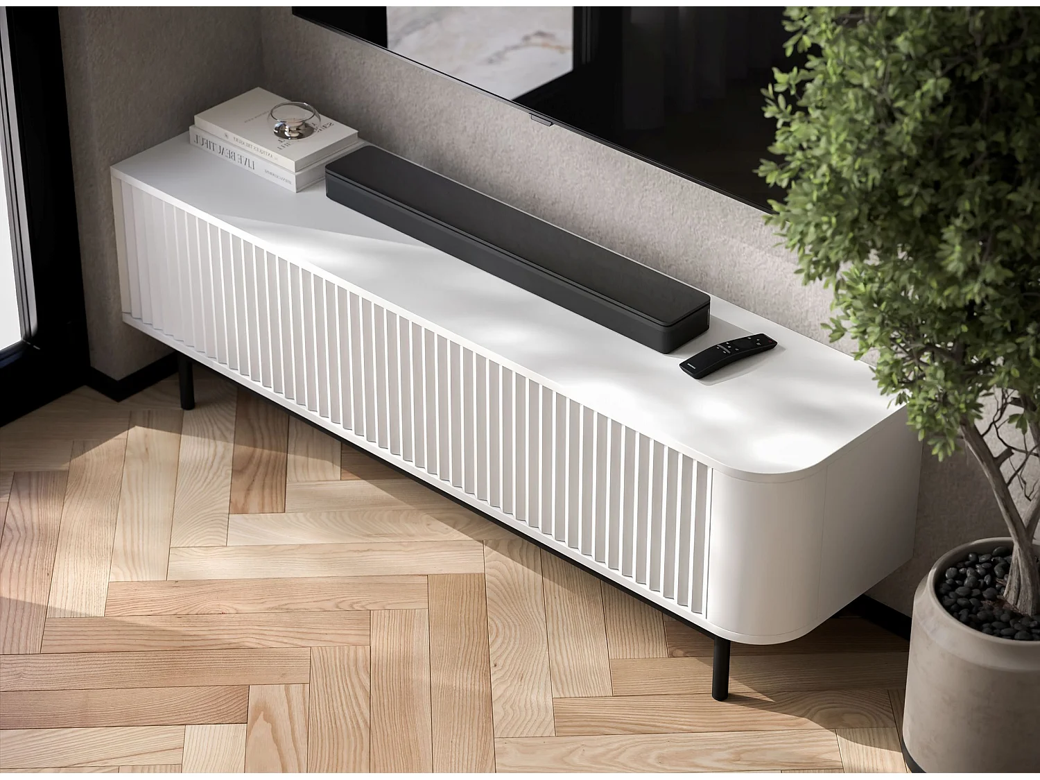 Meuble TV 2 portes, façades en relief, blanc mat, pieds métal noir, 140 cm - AURORA