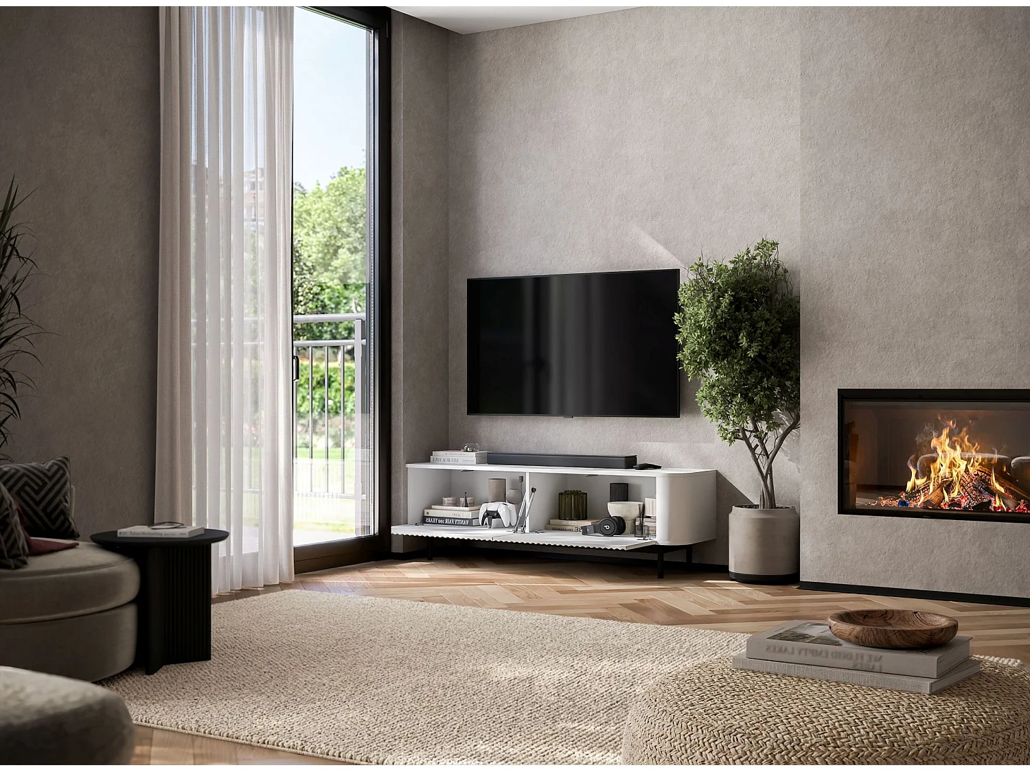 Meuble TV 2 portes, façades en relief, blanc mat, pieds métal noir, 140 cm - AURORA
