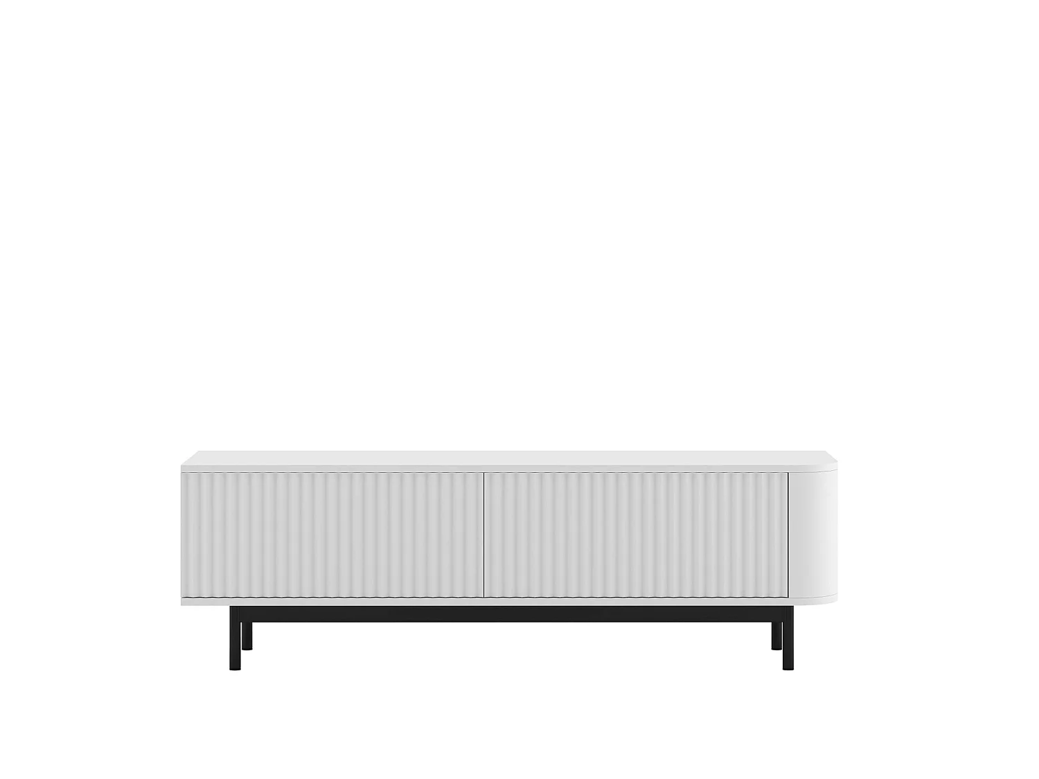 Meuble TV 2 portes, façades en relief, blanc mat, pieds métal noir, 140 cm - AURORA