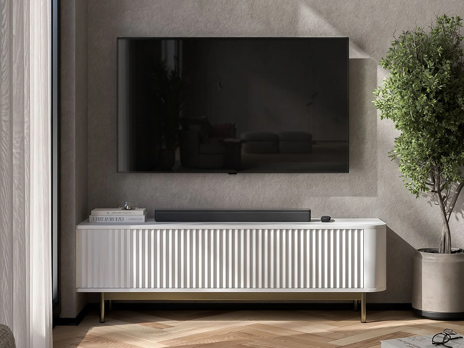 Meuble TV 2 portes, façades en relief, blanc mat, pieds métal doré, 140 cm - AURORA