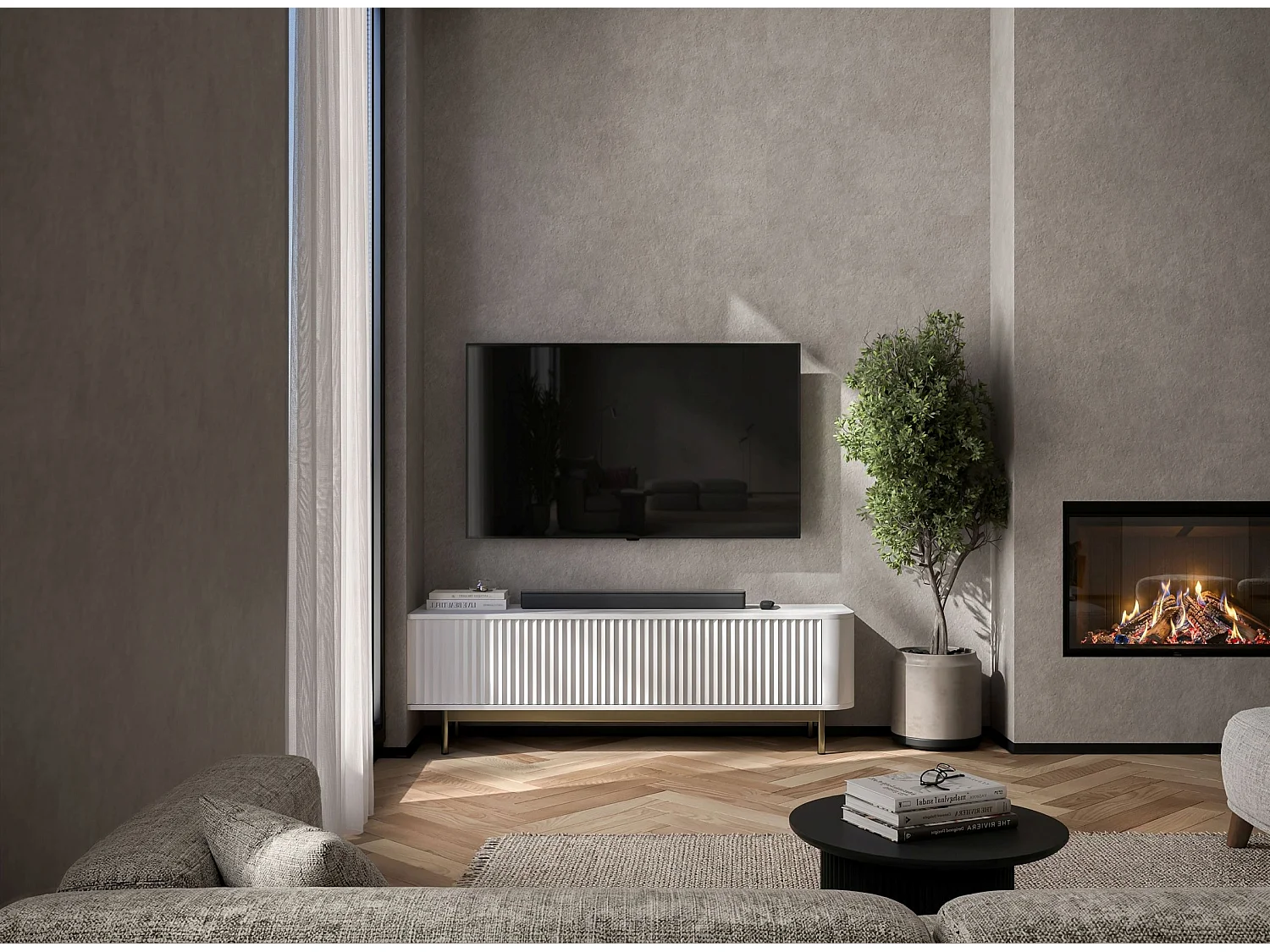 Meuble TV 2 portes, façades en relief, blanc mat, pieds métal doré, 140 cm - AURORA