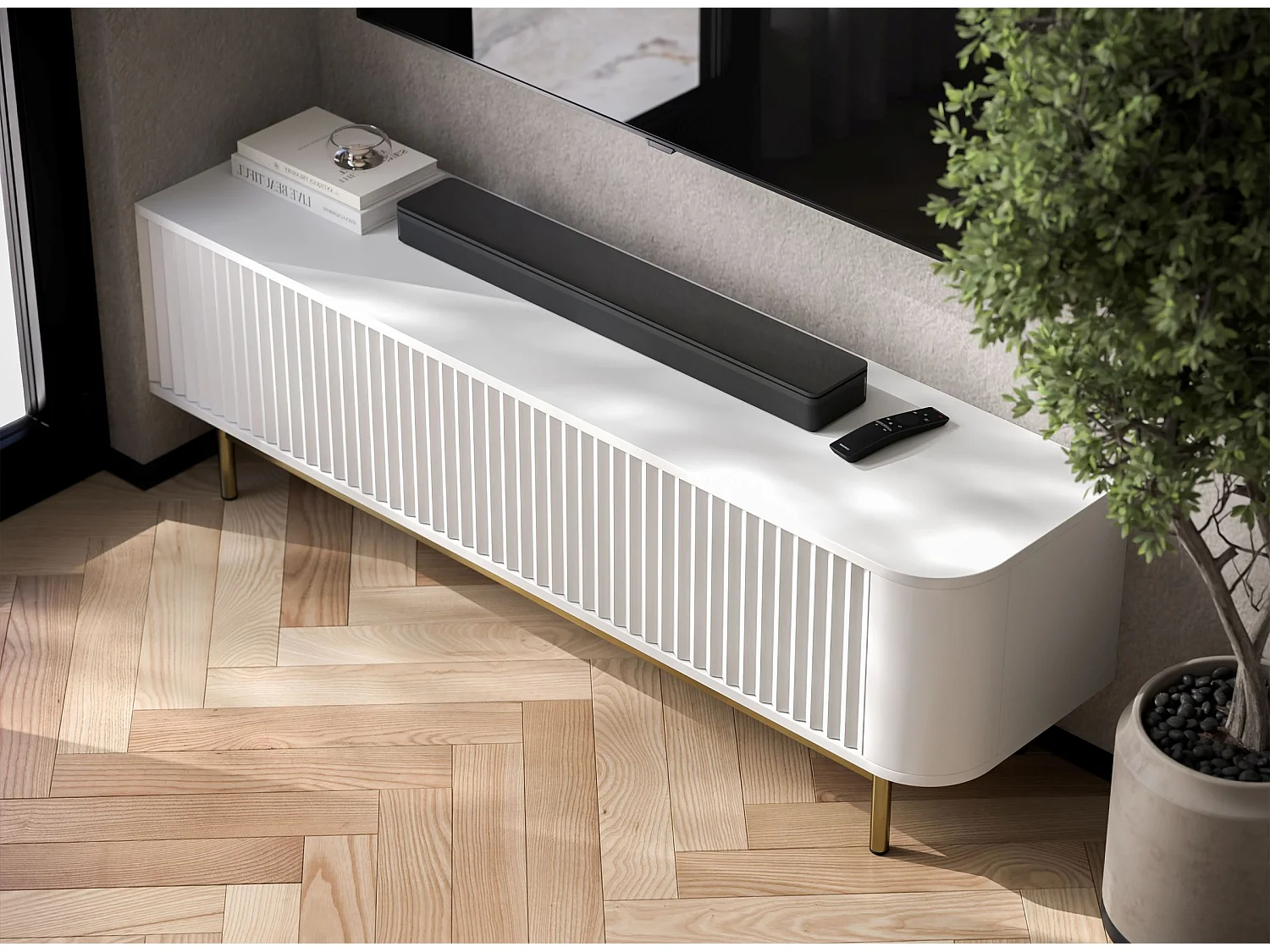 Meuble TV 2 portes, façades en relief, blanc mat, pieds métal doré, 140 cm - AURORA