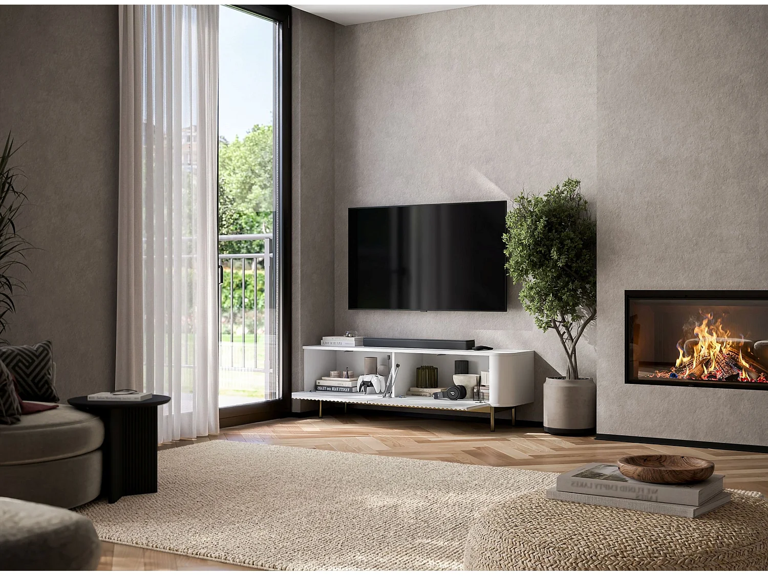Meuble TV 2 portes, façades en relief, blanc mat, pieds métal doré, 140 cm - AURORA