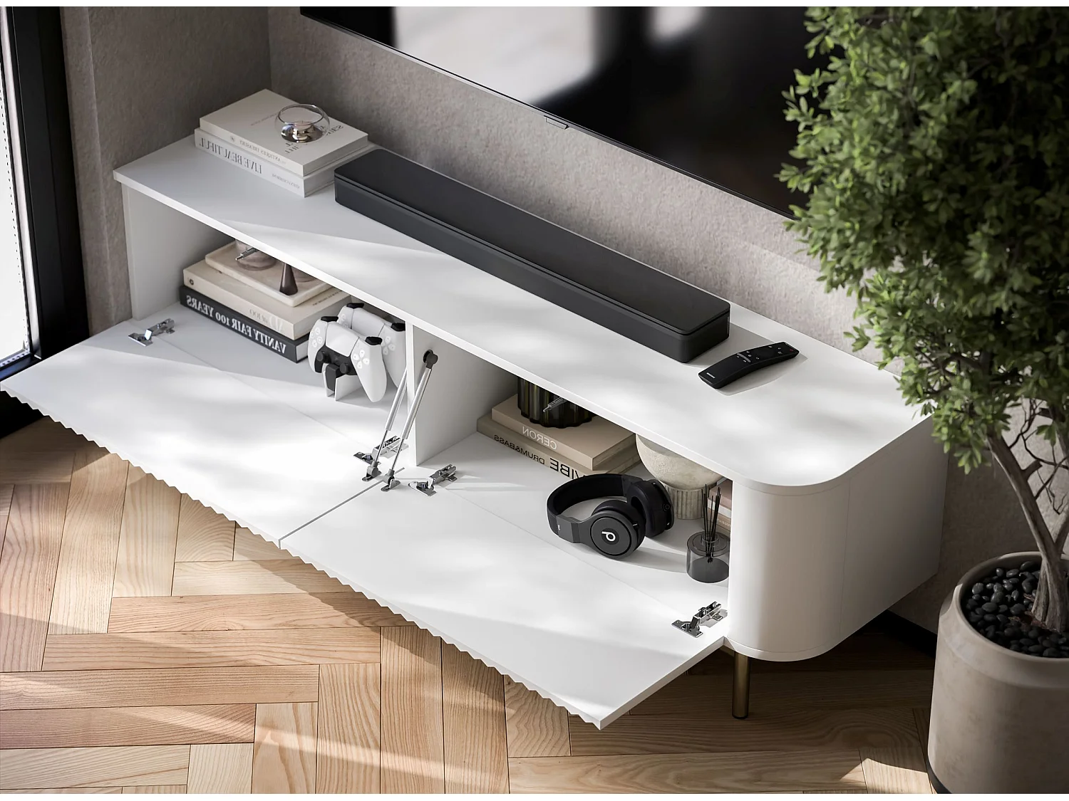 Meuble TV 2 portes, façades en relief, blanc mat, pieds métal doré, 140 cm - AURORA