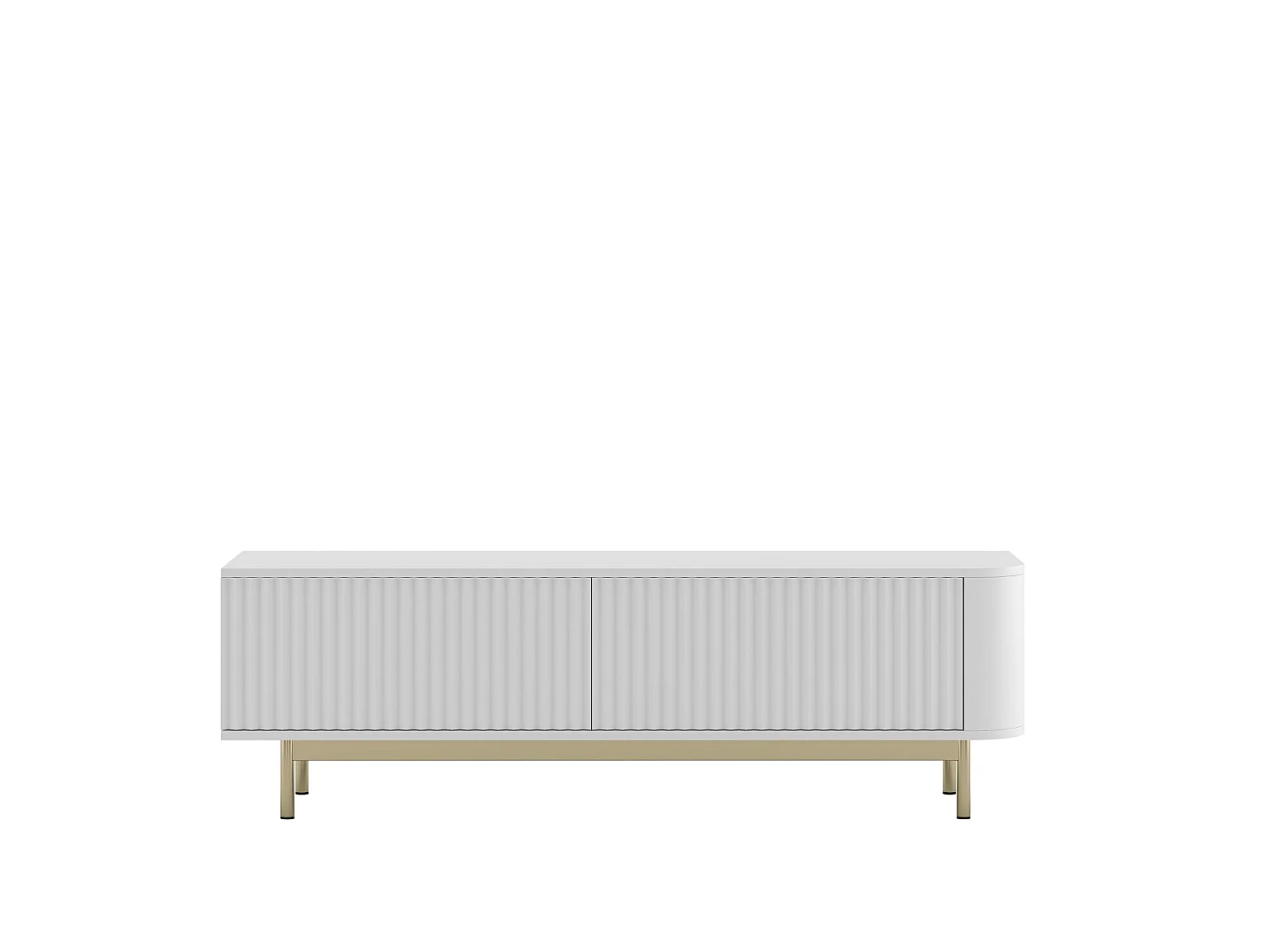 Meuble TV 2 portes, façades en relief, blanc mat, pieds métal doré, 140 cm - AURORA