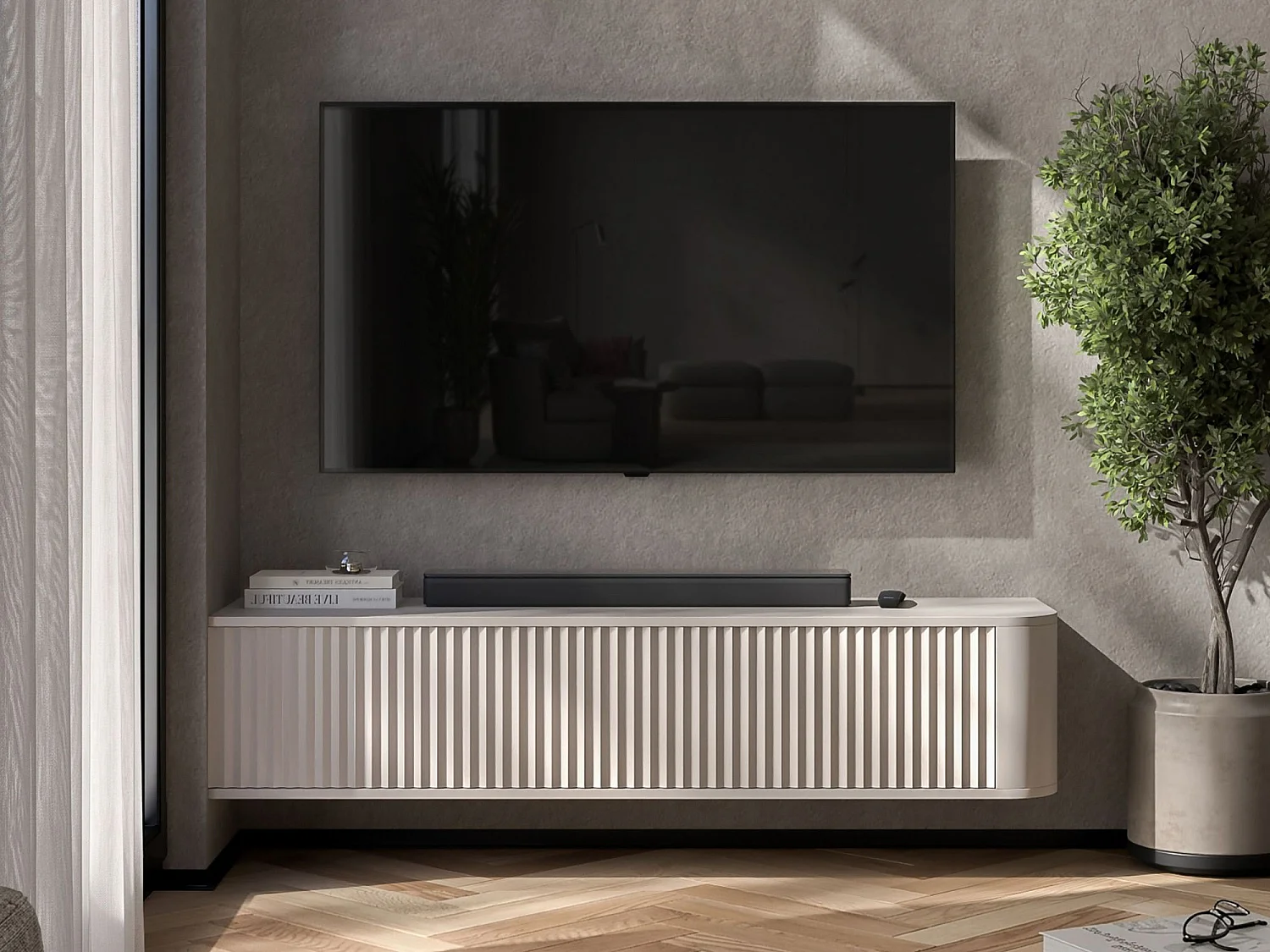 Wisząca szafka RTV 2-drzwiowa, fronty z reliefem, beżowy mat, 140 cm - AURORA