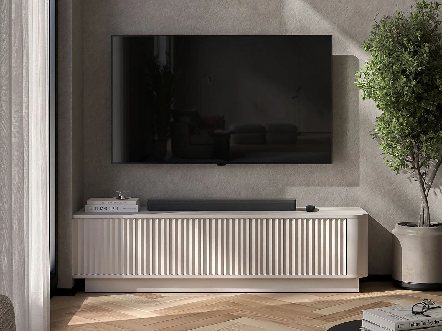 Mobile TV con 2 ante, frontali in rilievo, beige opaco, su zoccolo, 140 cm - AURORA