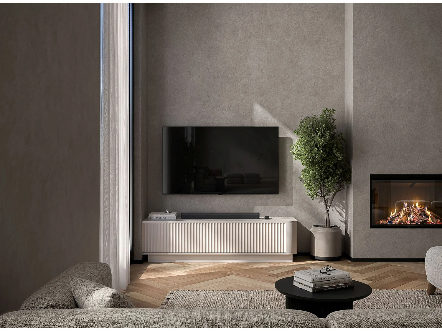 Mobile TV con 2 ante, frontali in rilievo, beige opaco, su zoccolo, 140 cm - AURORA