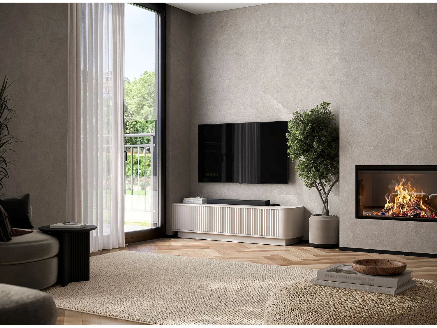Mobile TV con 2 ante, frontali in rilievo, beige opaco, su zoccolo, 140 cm - AURORA