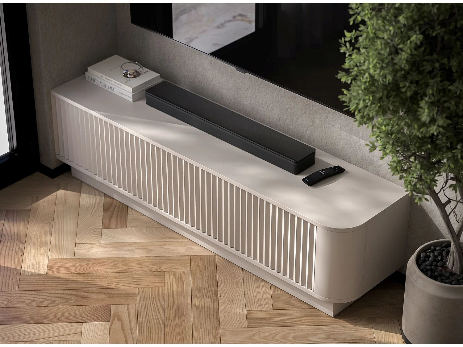Mobile TV con 2 ante, frontali in rilievo, beige opaco, su zoccolo, 140 cm - AURORA