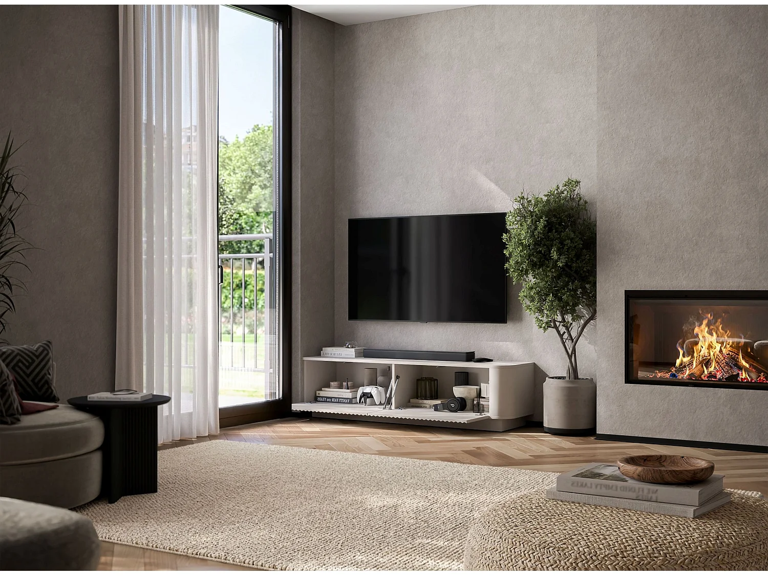 Mobile TV con 2 ante, frontali in rilievo, beige opaco, su zoccolo, 140 cm - AURORA