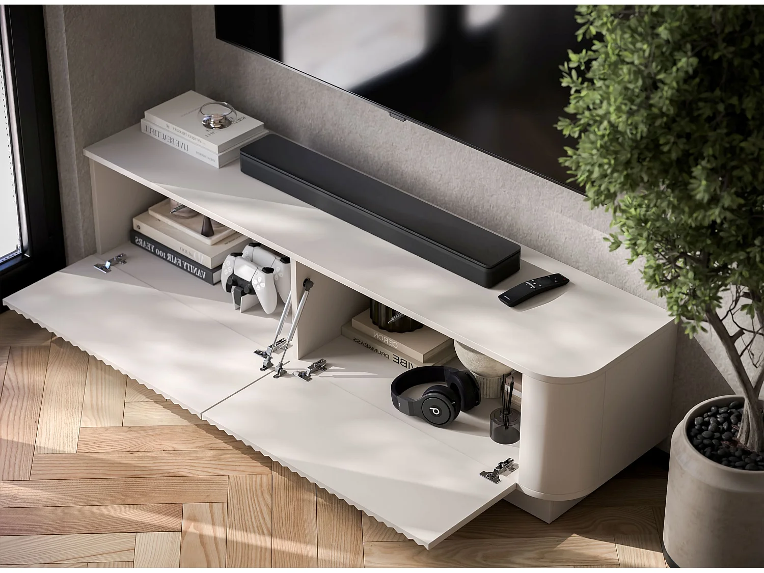 Mobile TV con 2 ante, frontali in rilievo, beige opaco, su zoccolo, 140 cm - AURORA