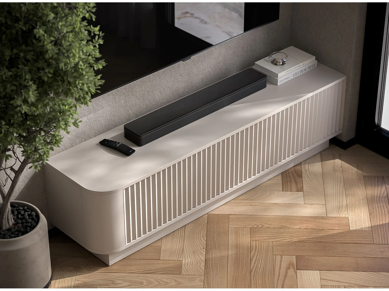 Mobile TV con 2 ante, frontali in rilievo, beige opaco, su zoccolo, 140 cm - AURORA