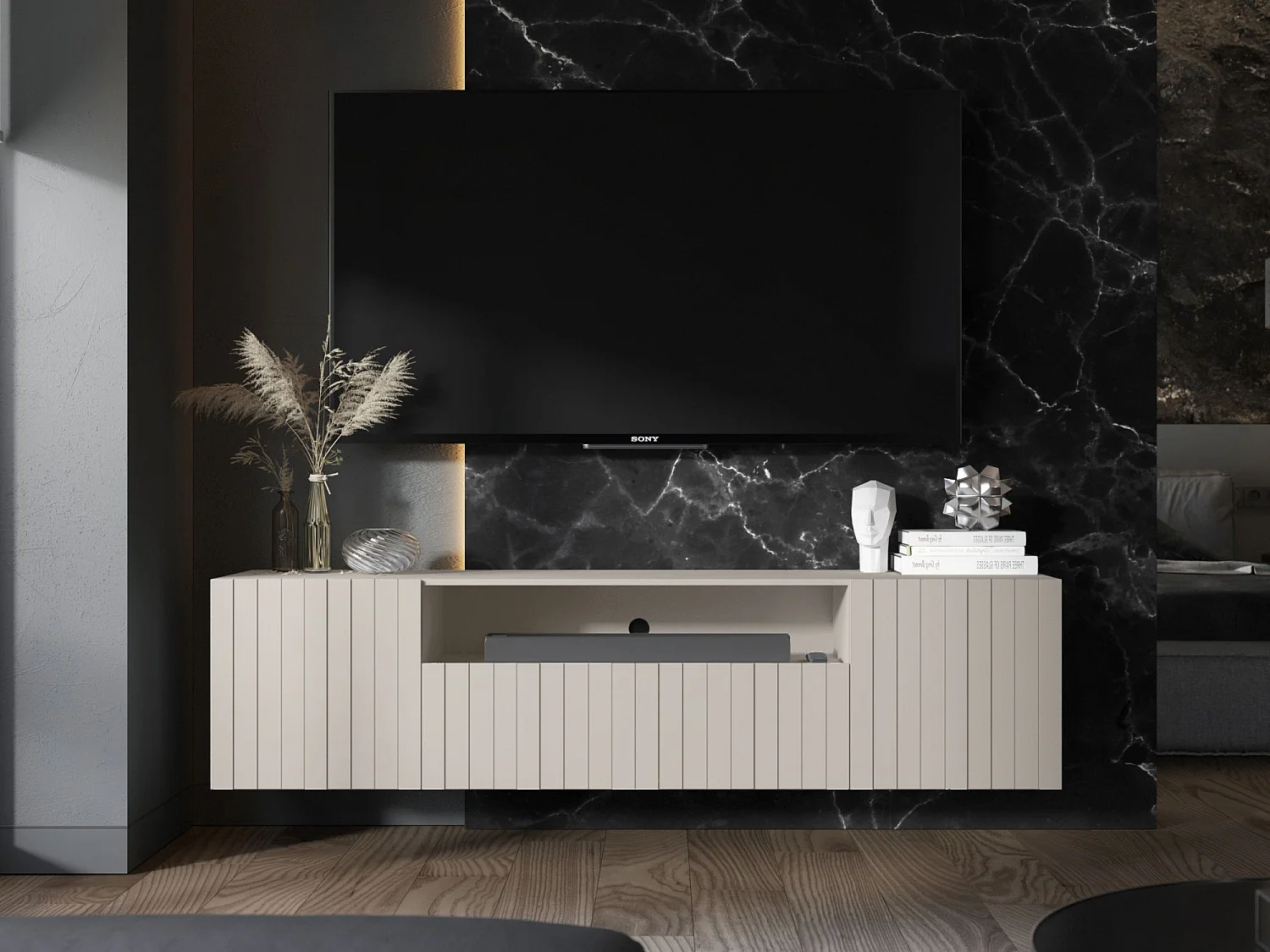 Wisząca szafka RTV 3-drzwiowa, otwarta wnęka, fronty z reliefem, beżowy mat, 150 cm - ELPIS