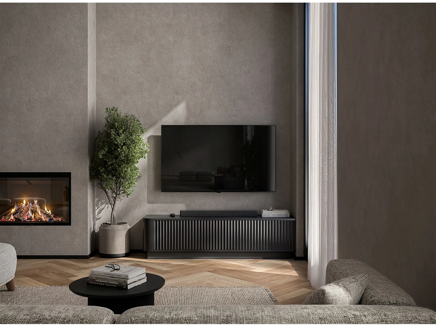 Mobile TV con 2 ante, frontali in rilievo, nero opaco, su zoccolo, 140 cm - AURORA