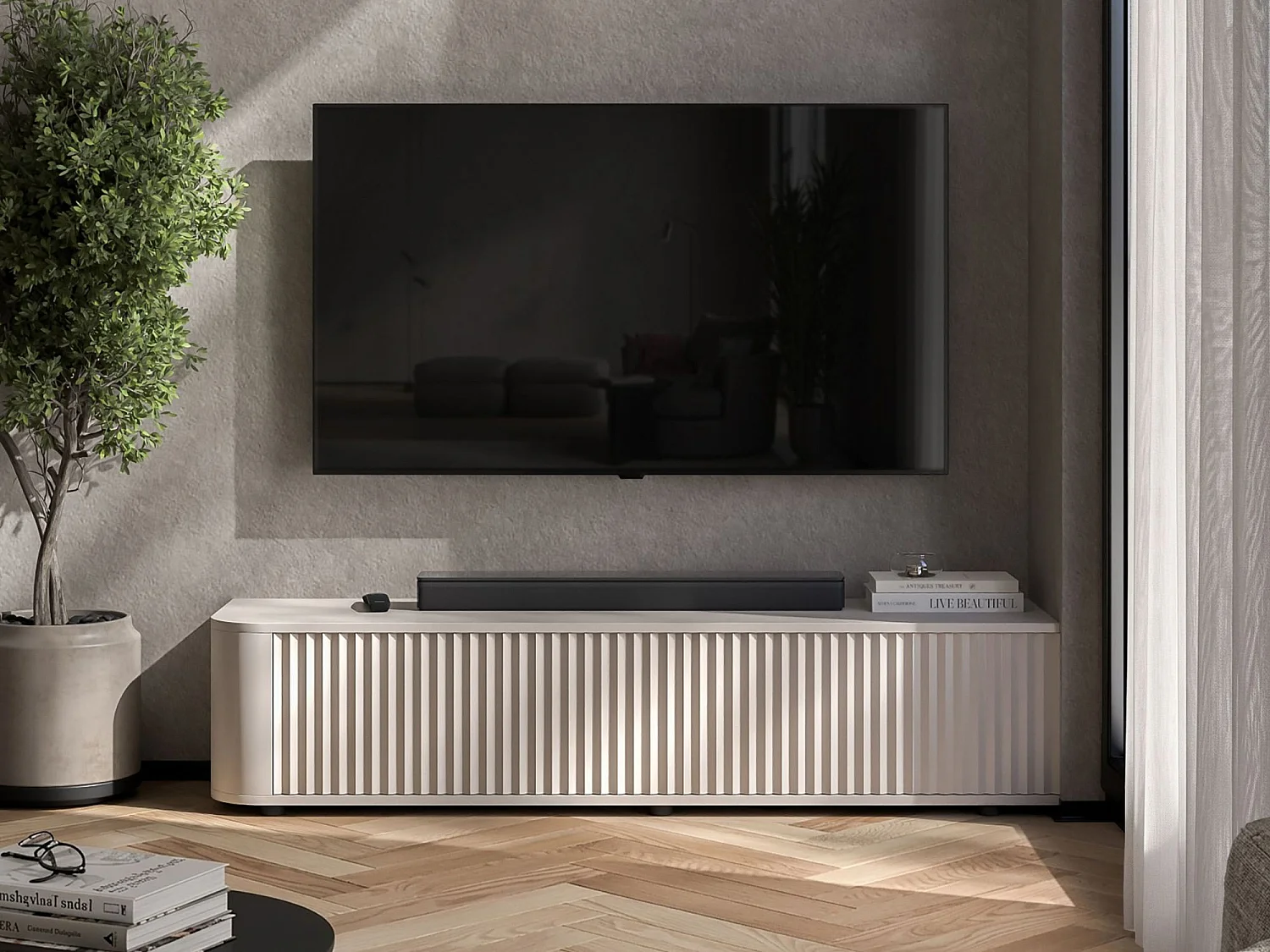 Mobile TV con 2 ante, frontali in rilievo, beige opaco, 140 cm - AURORA