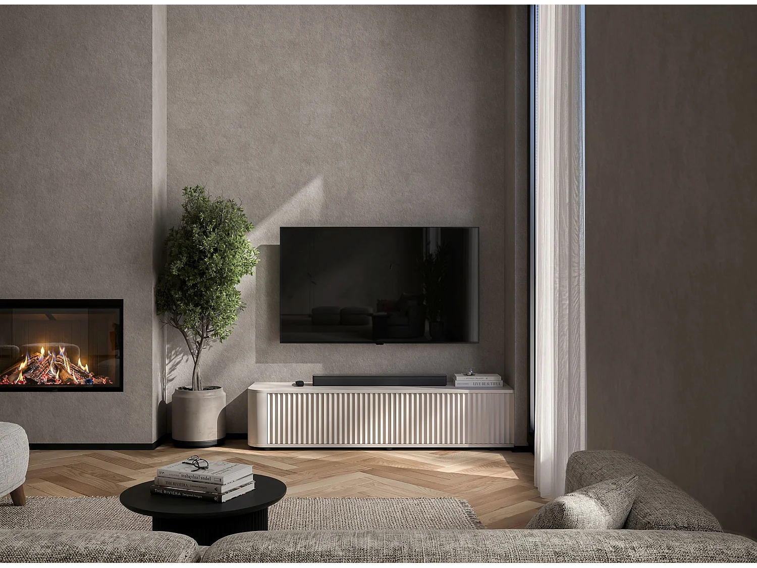 Mobile TV con 2 ante, frontali in rilievo, beige opaco, 140 cm - AURORA