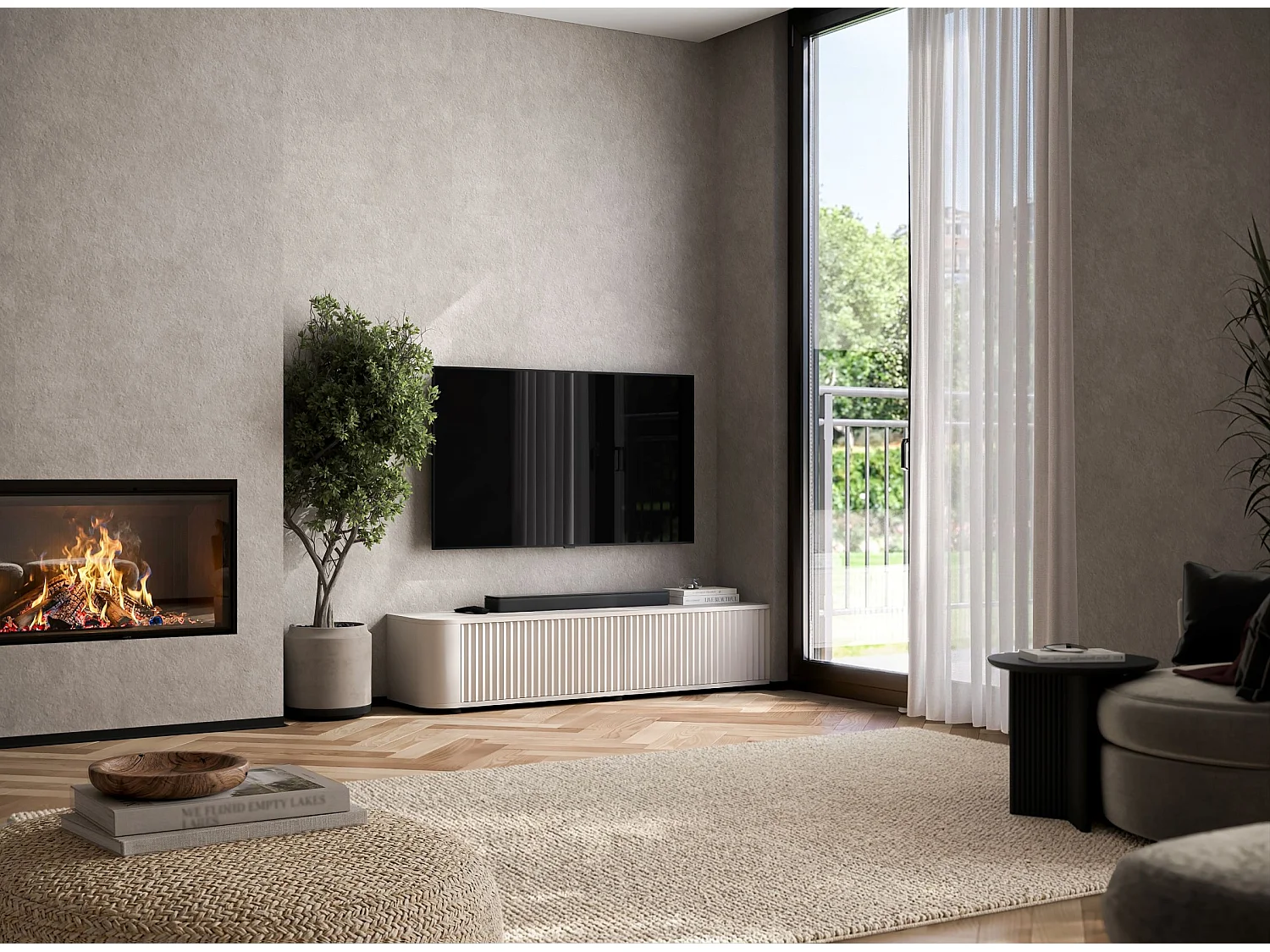 Mobile TV con 2 ante, frontali in rilievo, beige opaco, 140 cm - AURORA