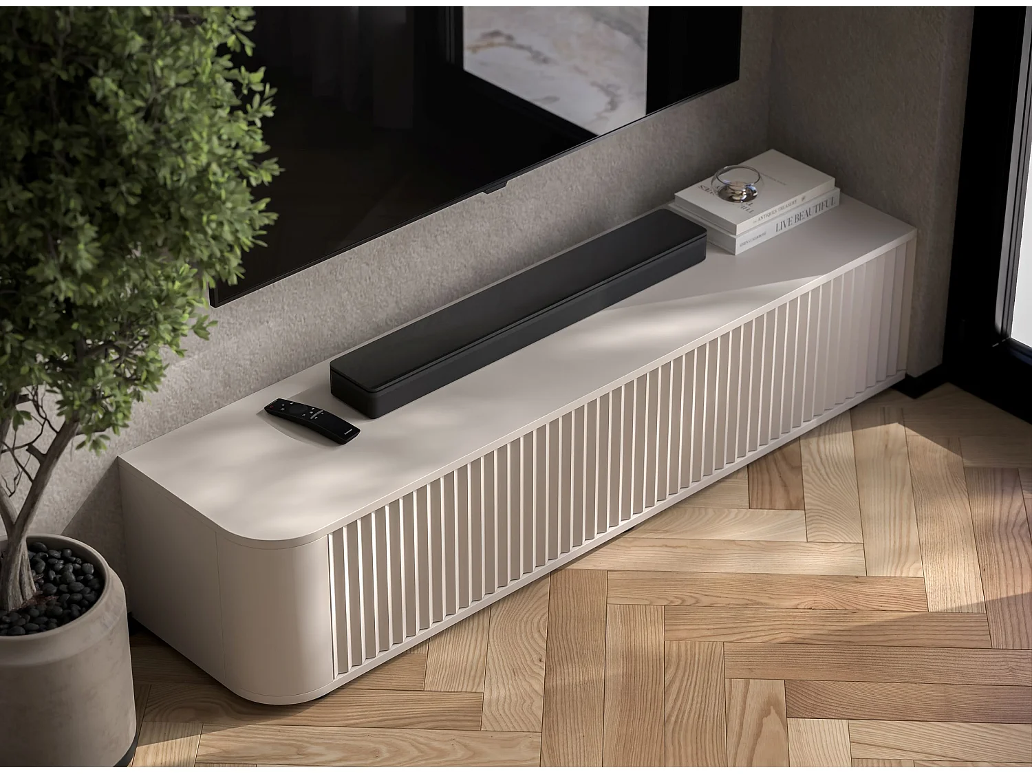 Mobile TV con 2 ante, frontali in rilievo, beige opaco, 140 cm - AURORA