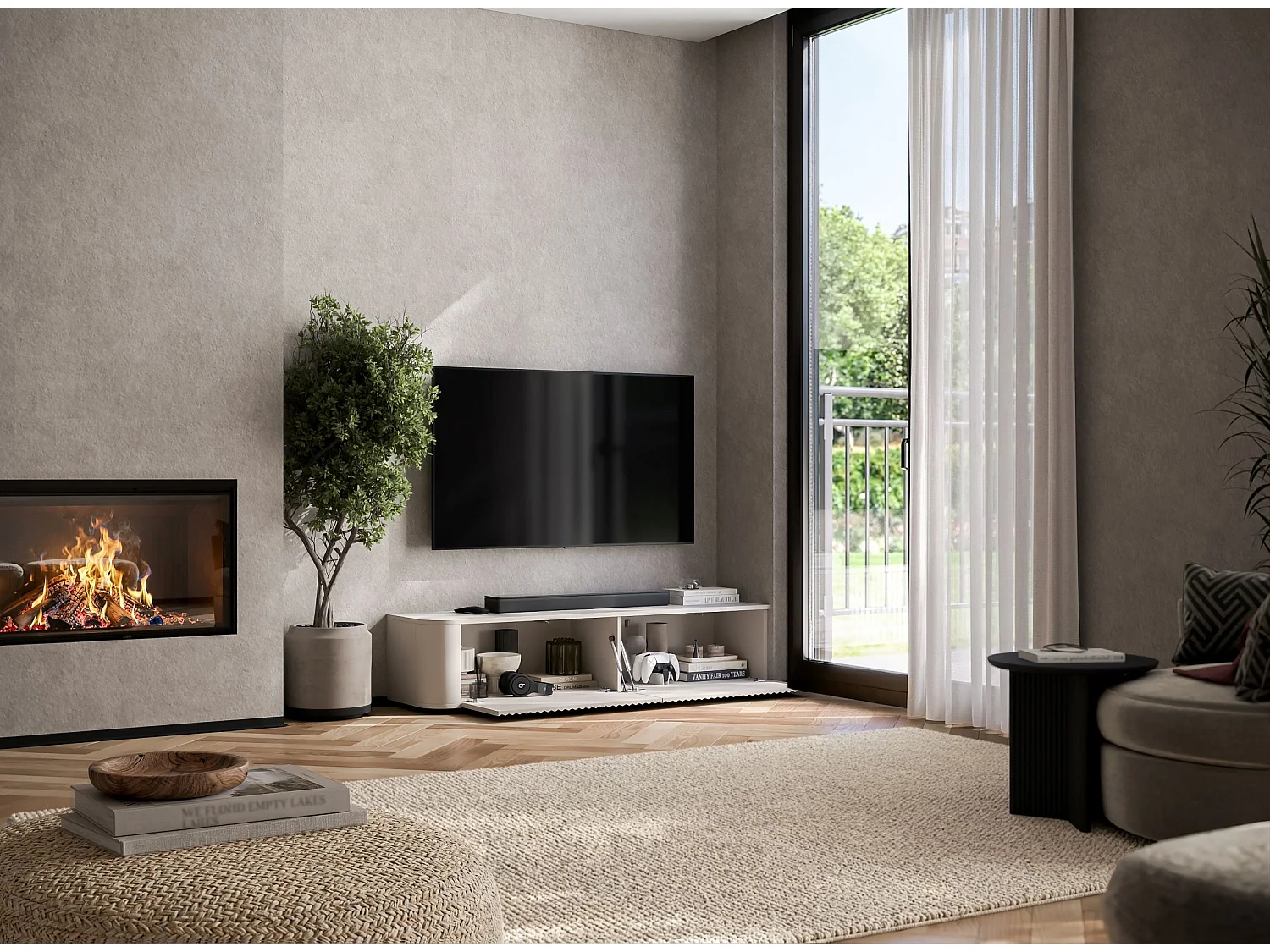 Mobile TV con 2 ante, frontali in rilievo, beige opaco, 140 cm - AURORA