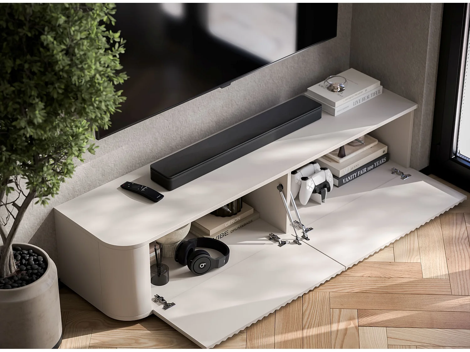 Mobile TV con 2 ante, frontali in rilievo, beige opaco, 140 cm - AURORA