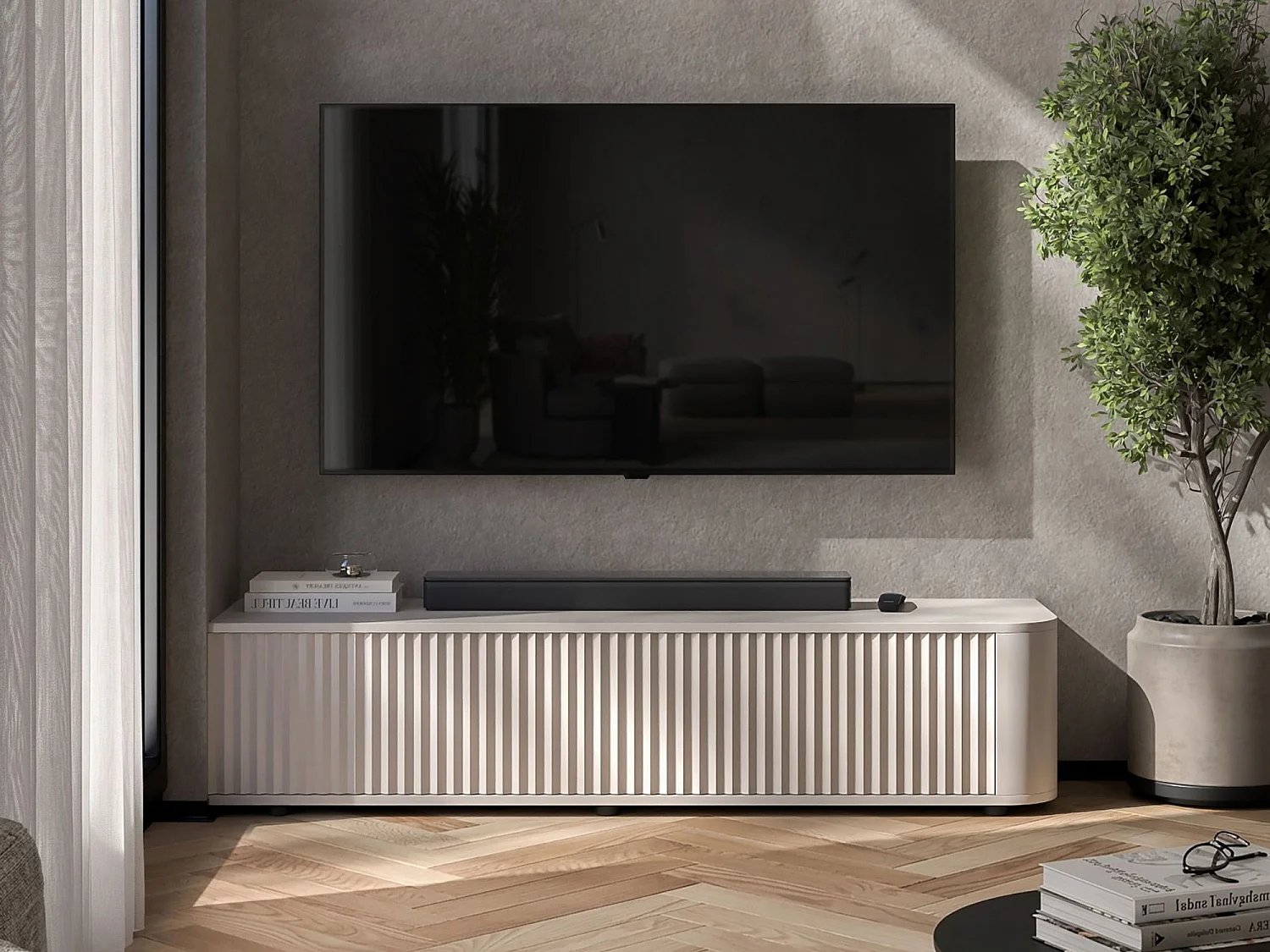 Mobile TV con 2 ante, frontali in rilievo, beige opaco, 140 cm - AURORA