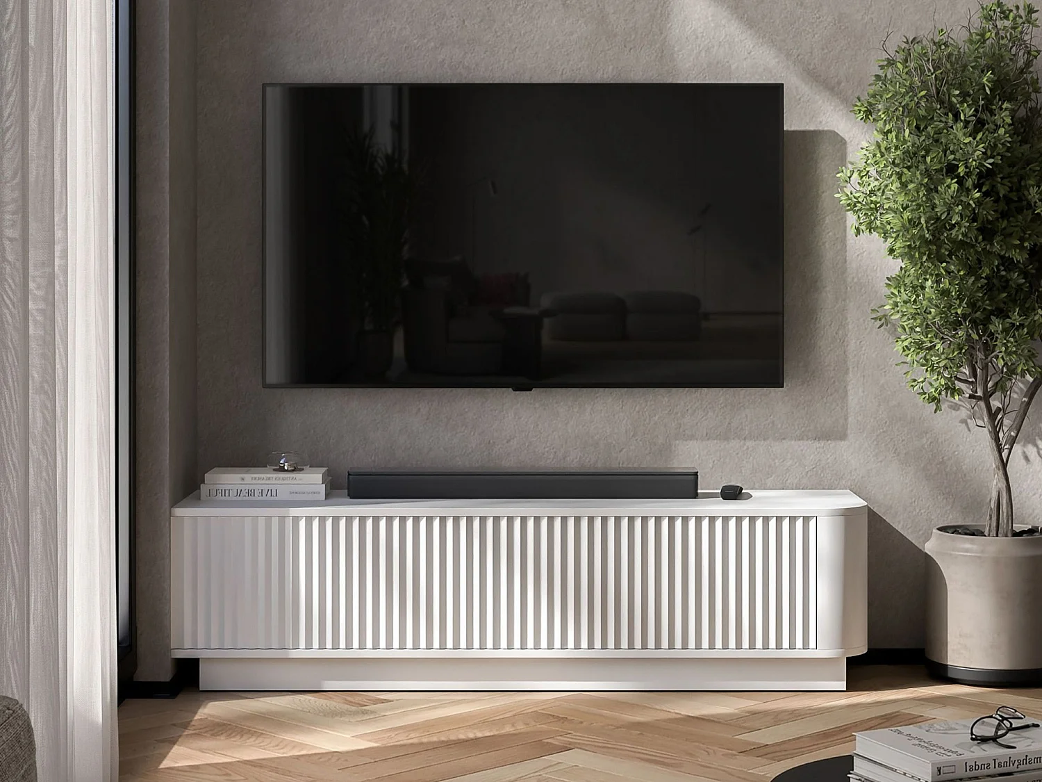 Meuble TV 2 portes, façades en relief, blanc mat, sur socle, 140 cm - AURORA
